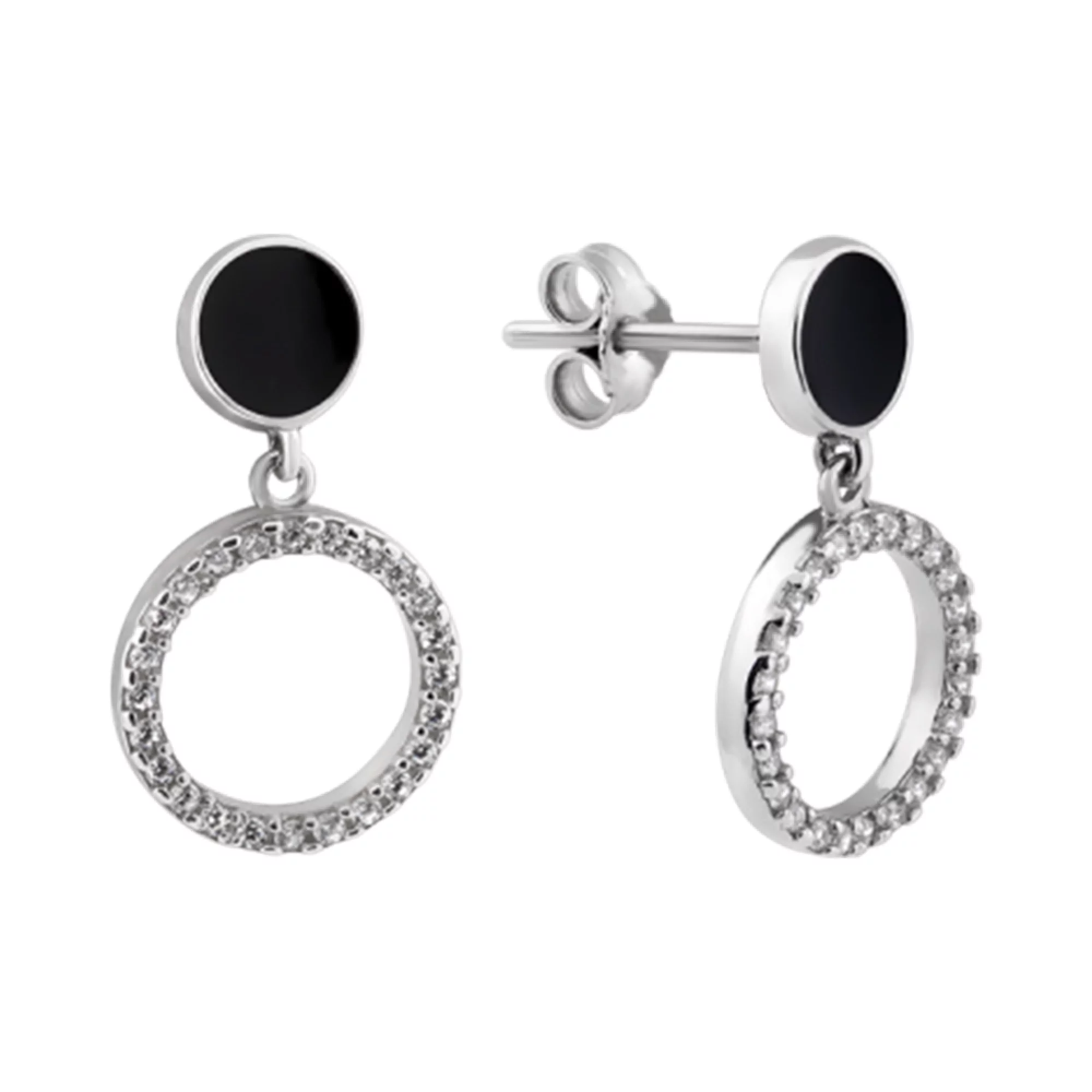Сережки-гвоздики зі срібла з круглими підвісами,емаллю та фіанітом - 1444833 – зображення 1