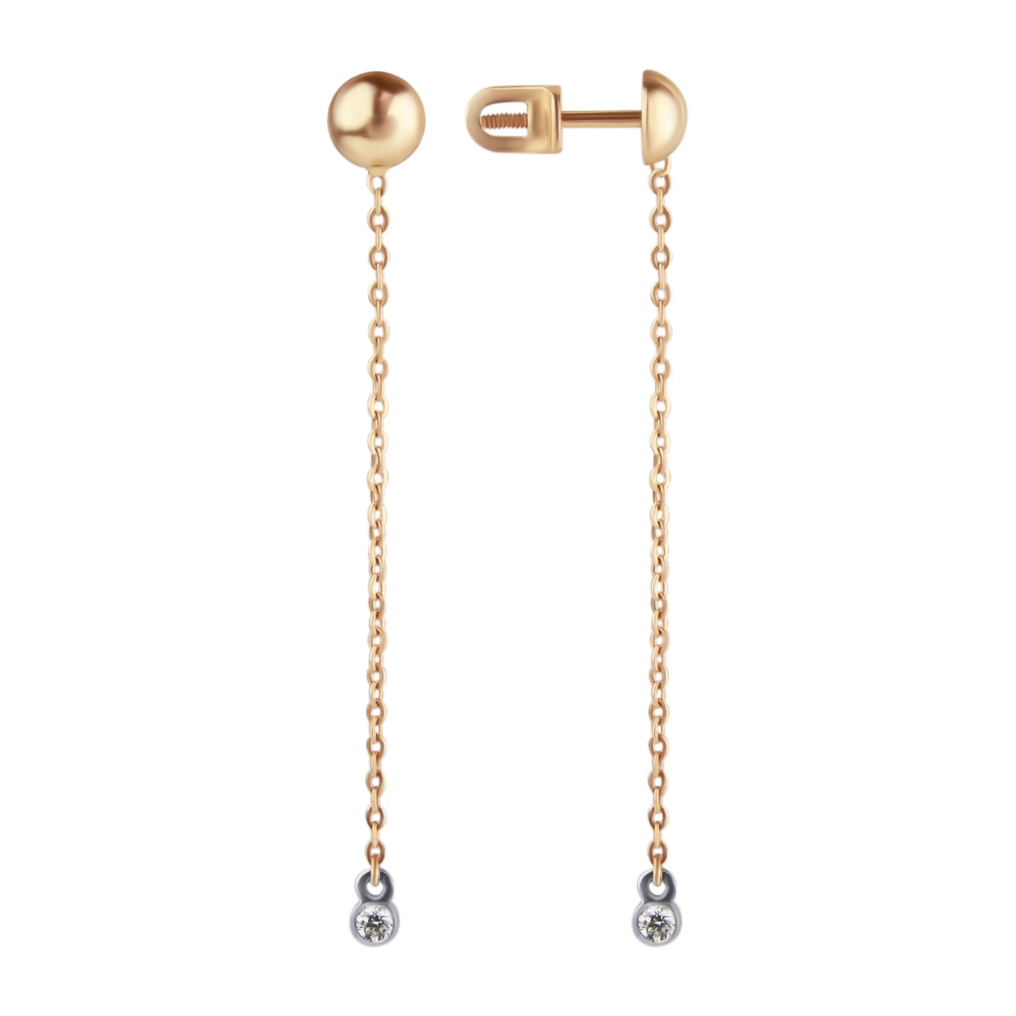 Сережки-гвоздики из комбинированного золота с бриллиантом - 798649 – изображение 1