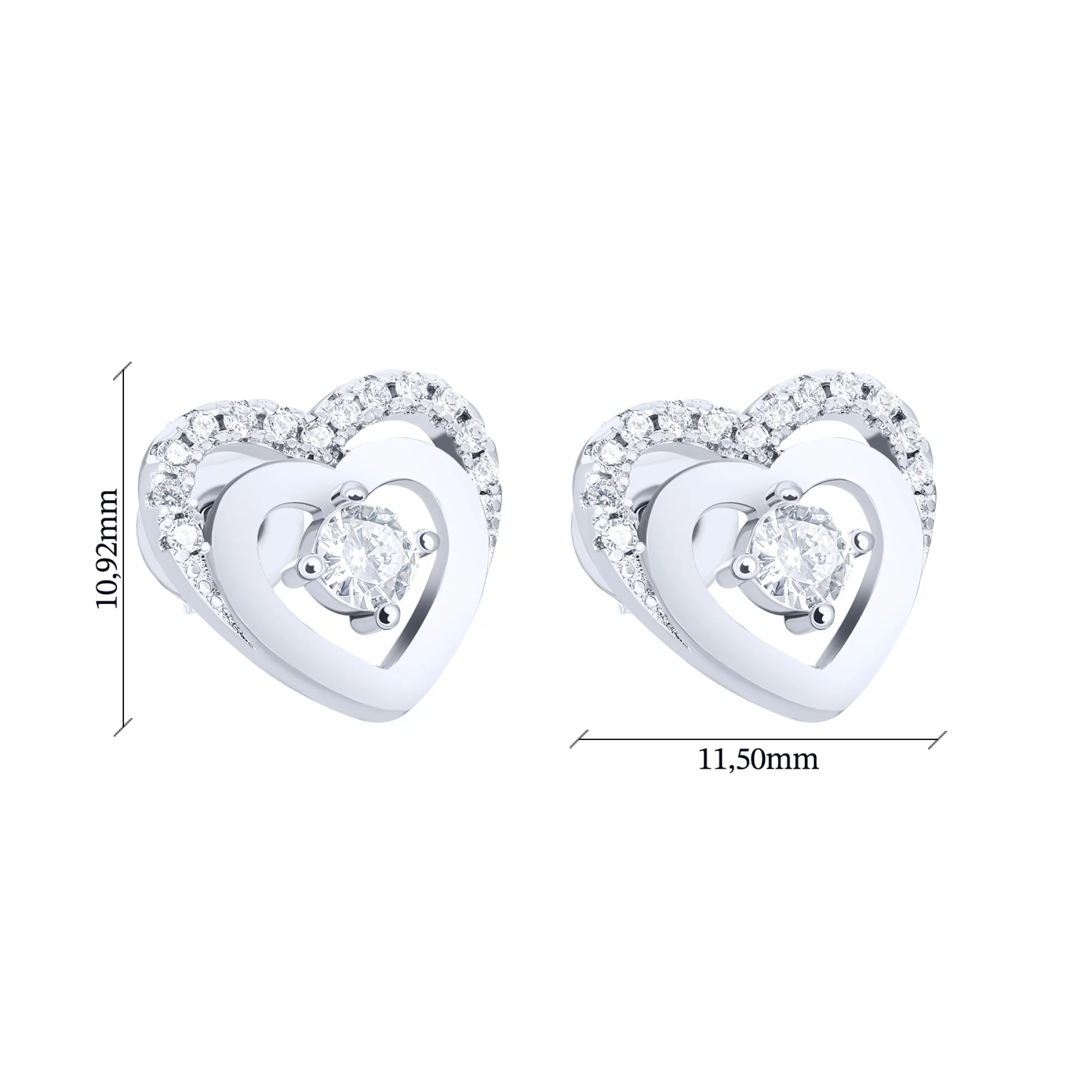 Сережки-гвоздики "Сердечка" срібні з фіанітами - 1626521 – зображення 3