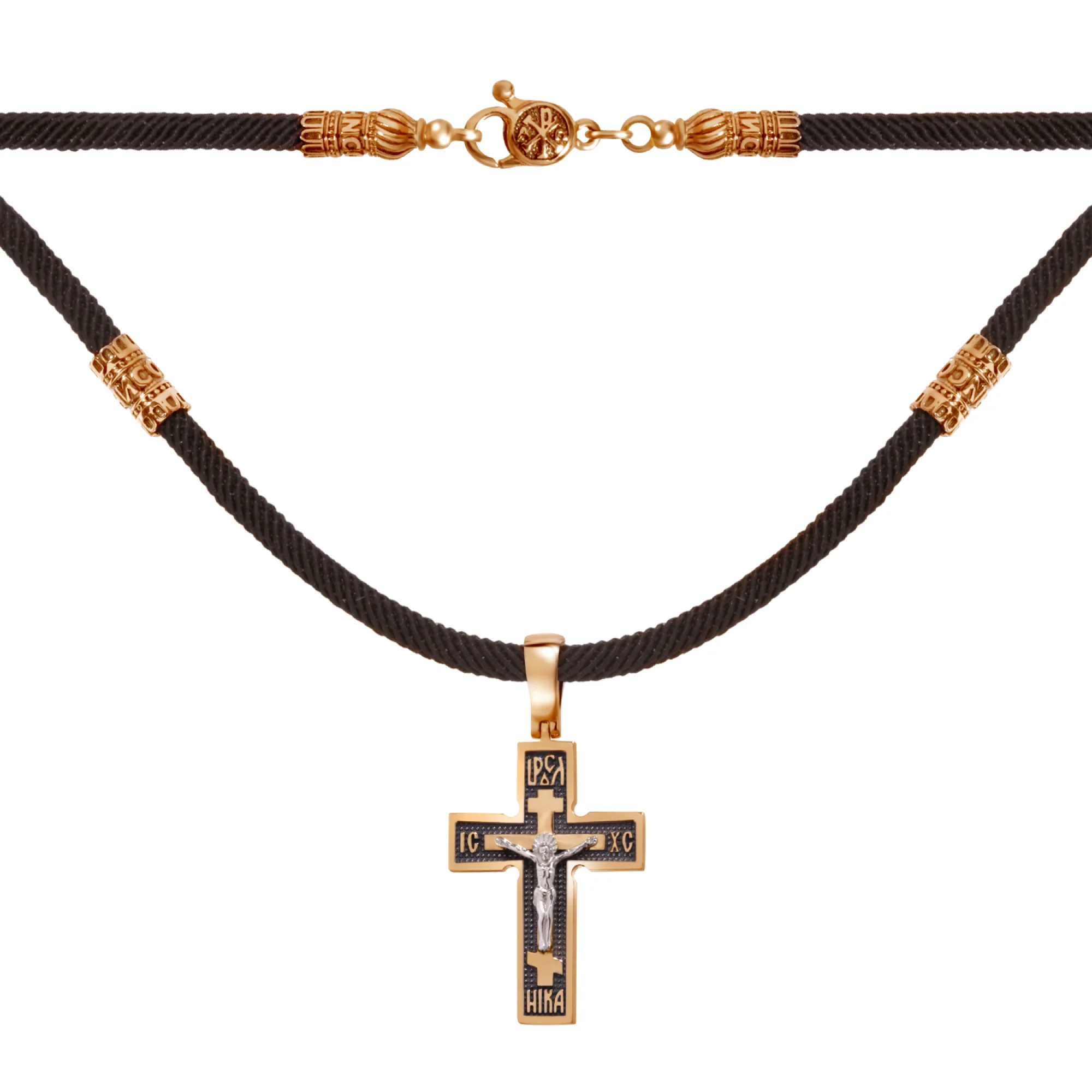 Колье с крестиком из комбинированного золота с чернением на хлопковом шнурке - 960916 - 1