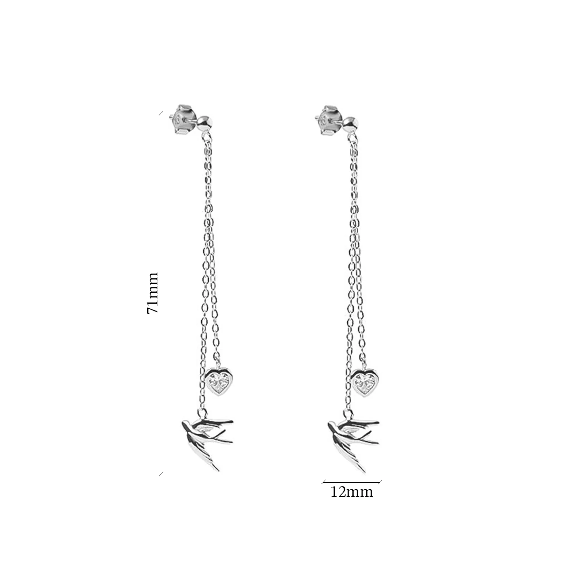 Сережки-гвоздики зі срібла з підвісами "Ластівки та Сердечко" з фіанітом - 1508088 – зображення 2