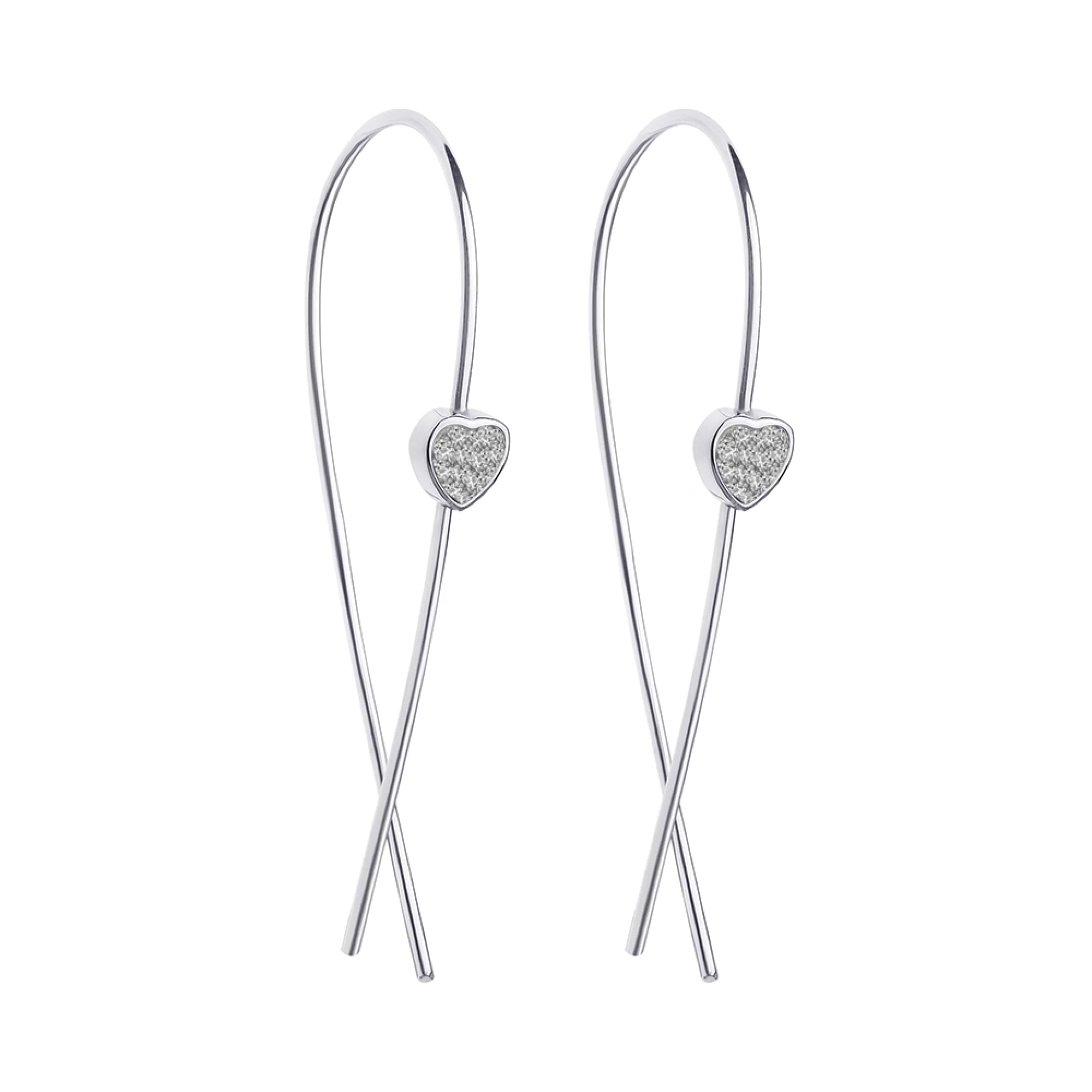 Срібні сережки-петлі сердечко з фіанітами - 1507655 – зображення 1
