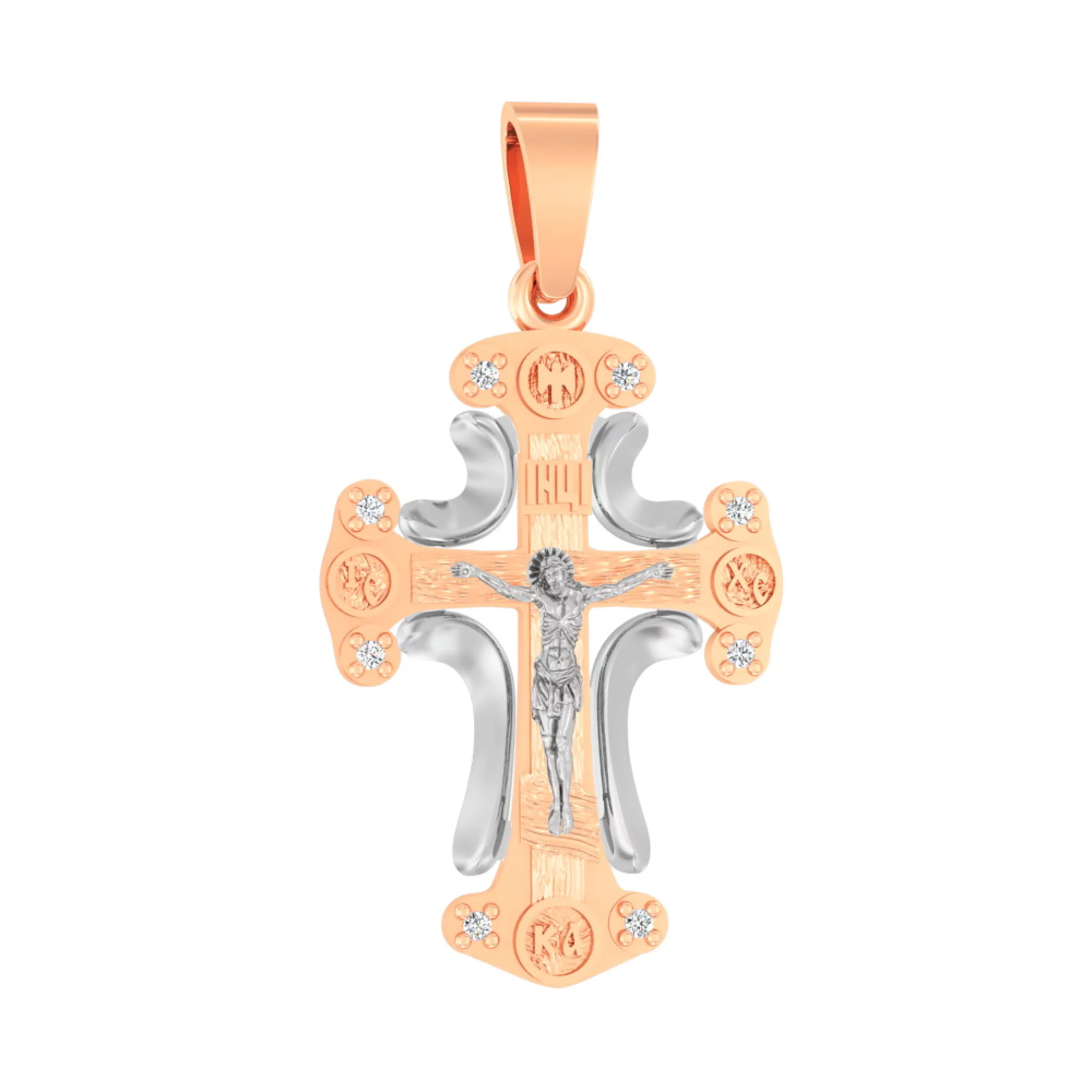 Крестик из комбинированого золота с фианитом - 971399 – изображение 1