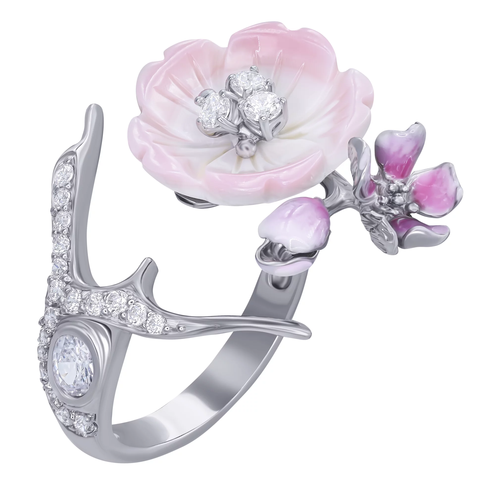 Кольцо серебряное с фианитами,эмалью і кораллом Цветки - 896637 – изображение 1