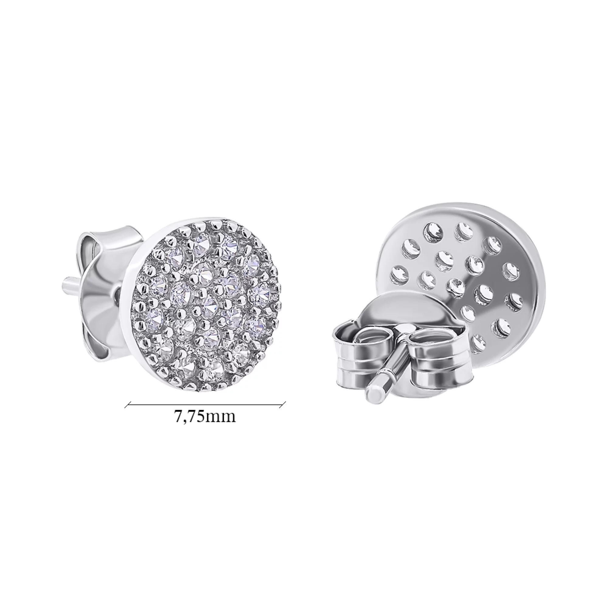 Серебряные сережки-гвоздики с фианитом круг - 1454149 – изображение 3