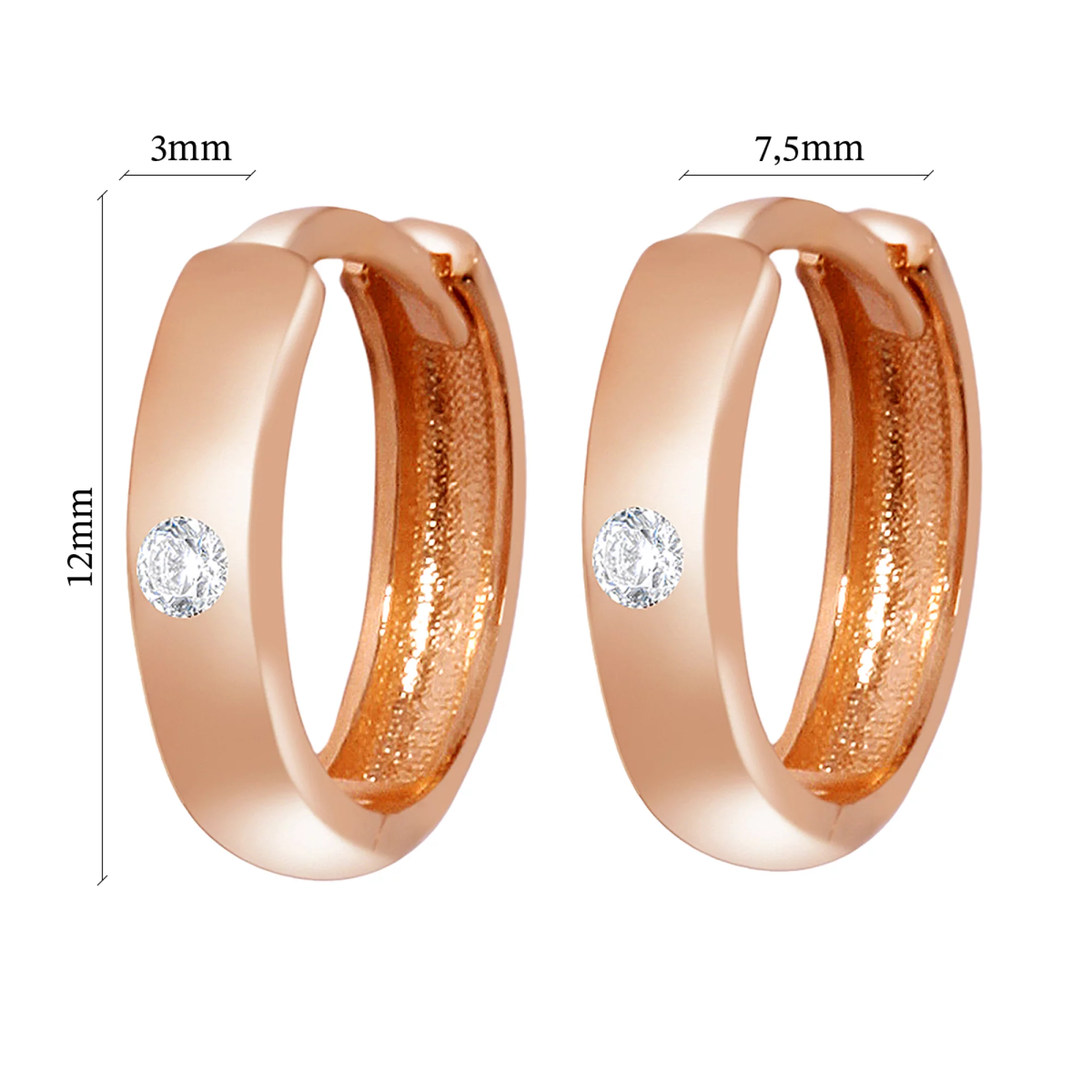 Сережки-кольца из красного золота с фианитом - 968235 – изображение 2