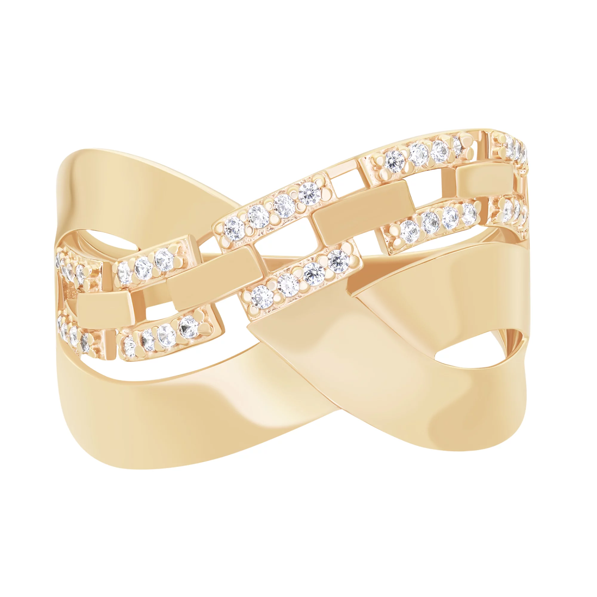 Широкое золотое кольцо с фианитами и формой цепочки - 1627717 – изображение 2