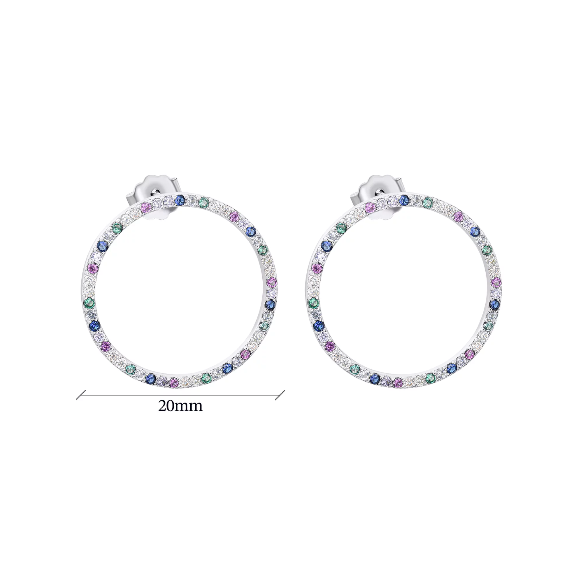 Срібні сережки-гвоздики "Кільця" з різнокольоровими фіанітами - 1548941 – зображення 3