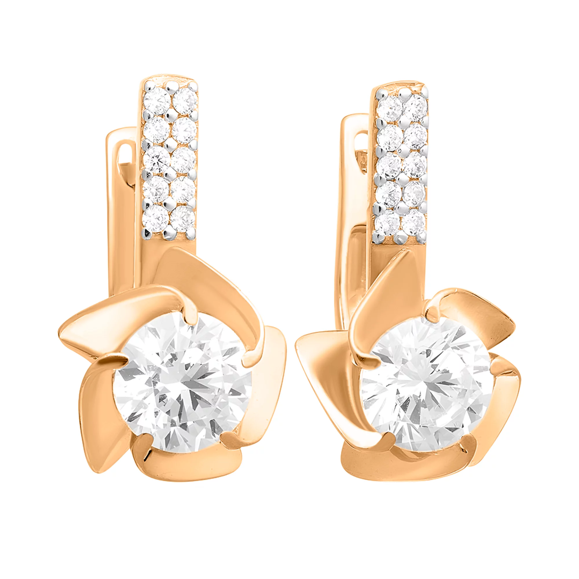 Золоті сережки "Квіти" з фіанітом - 603762 – зображення 1