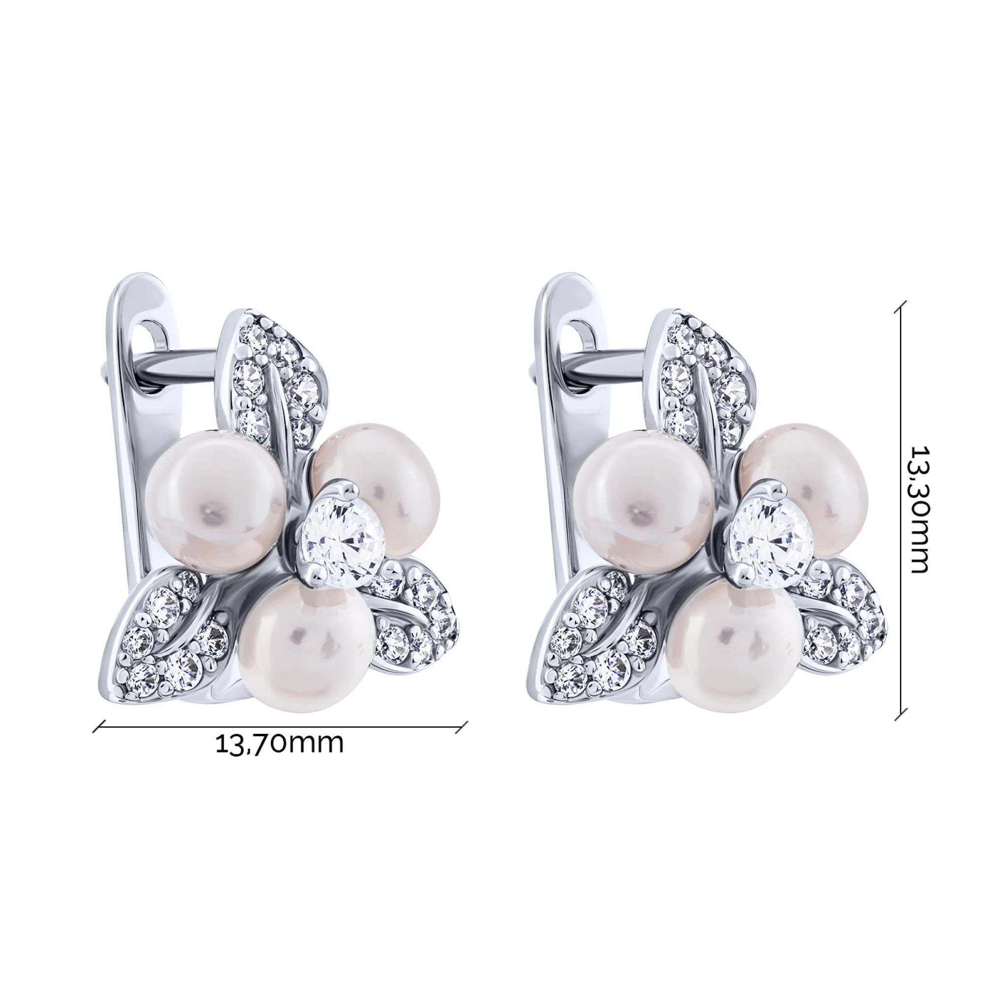 Серебряные серьги "Цветок" с жемчугом и фианитами - 2095333 - 3