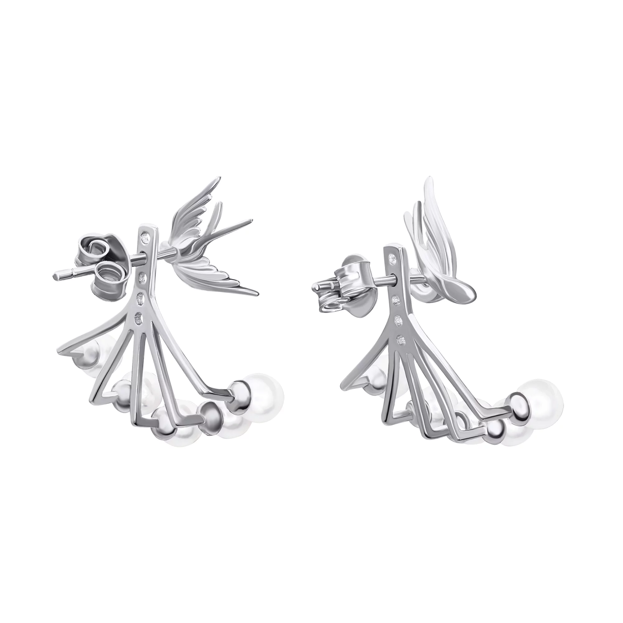 Срібні сережки-гвоздики зі знімною частиною "Ластівка" з перлами - 1530343 – зображення 2