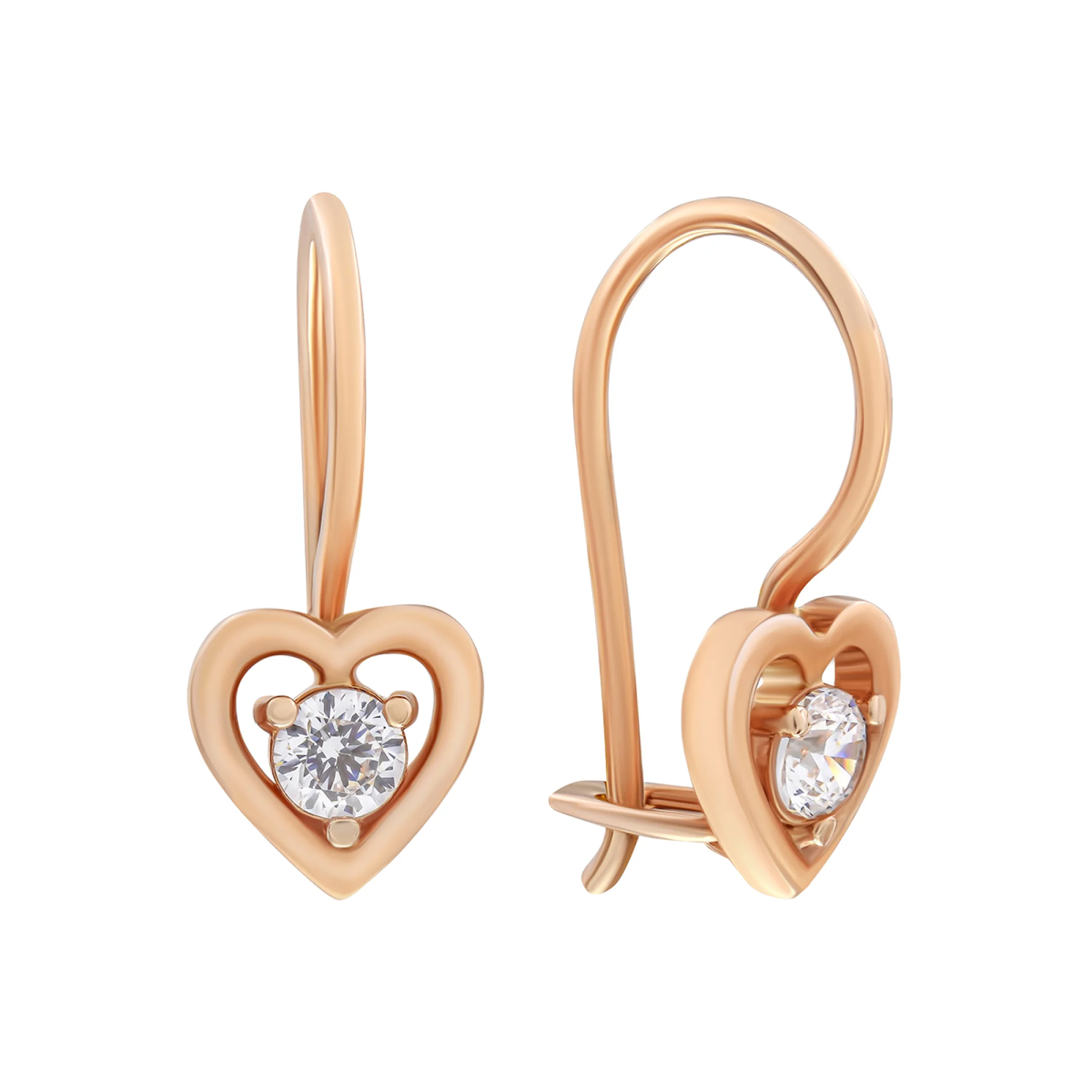 Серьги-петли из красного золота "Сердце" с фианитом - 806879 - 1