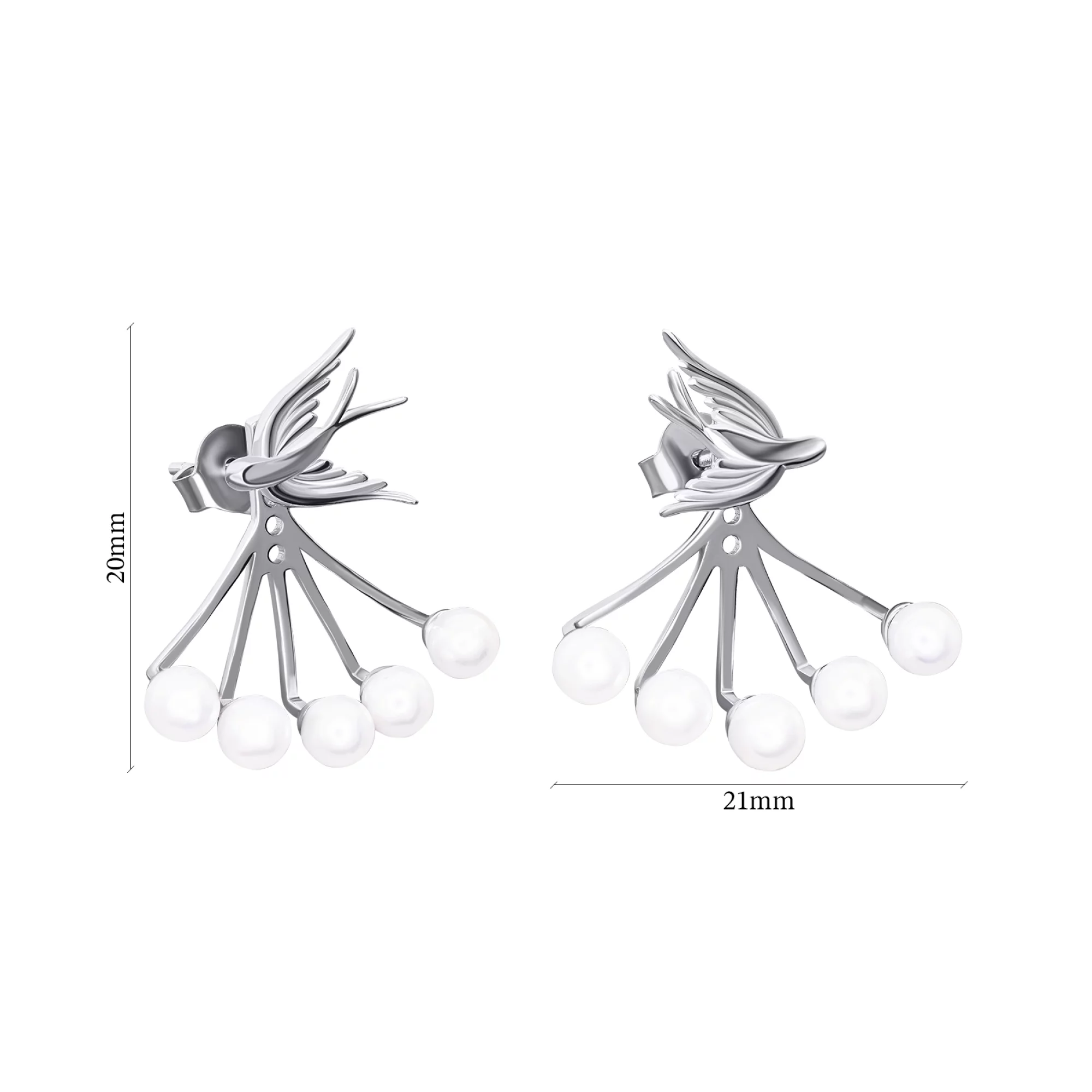 Серебряные серьги-гвоздики со съёмной частью "Ласточка" с жемчугом - 1530343 – изображение 3