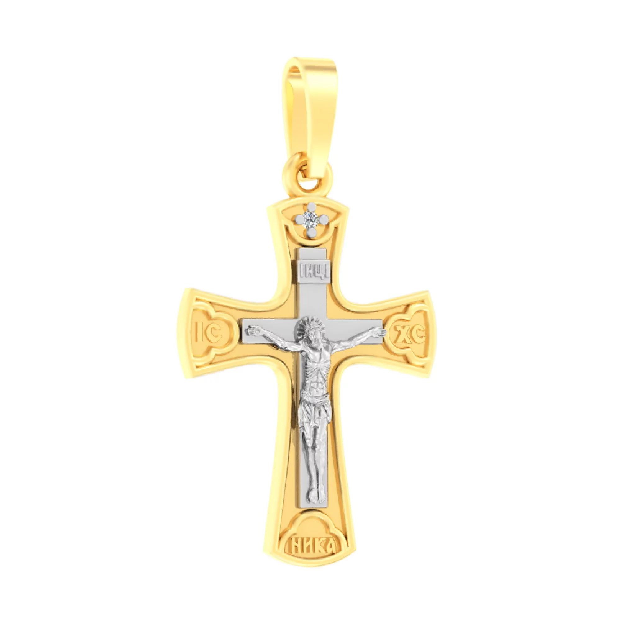 Крестик из комбинированного золота с фианитом - 960785 – изображение 1