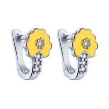 Серьги "Цветок" серебряные детские с фианитами и эмалью - 2005130