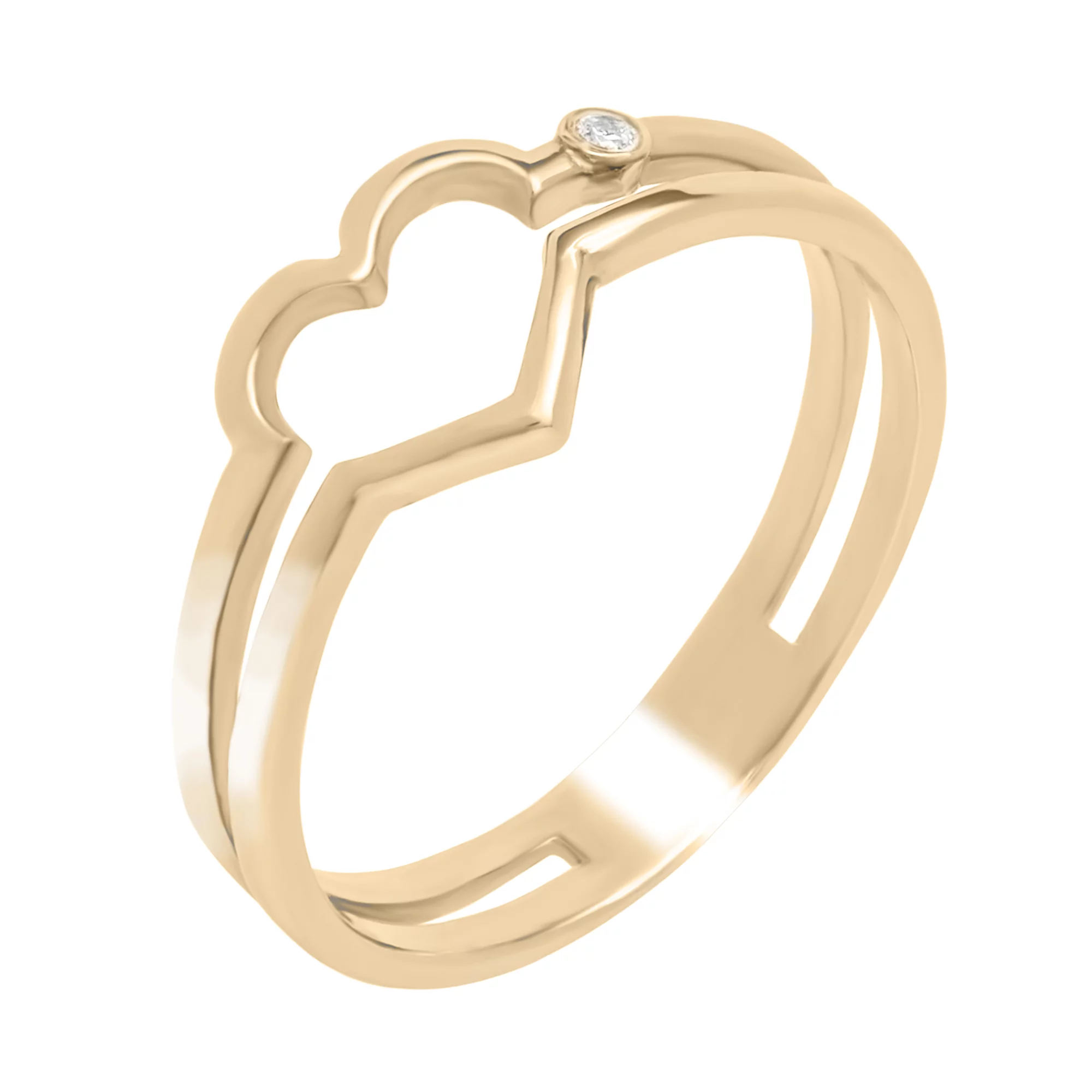 Кольцо двойное в красном золоте "Сердце" с фианитом - 1739927 – изображение 1
