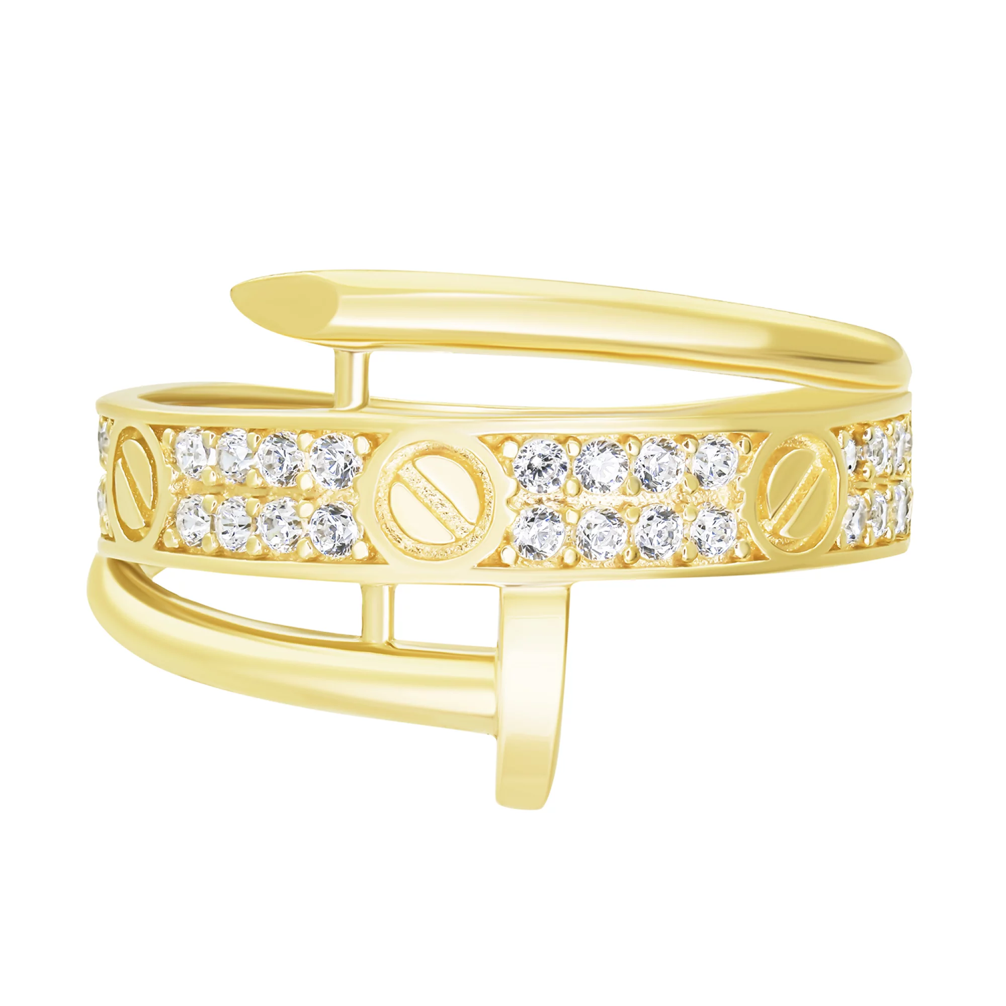 Широкое кольцо с фианитами "Гвоздь" из лимонного золота - 1613531 – изображение 4