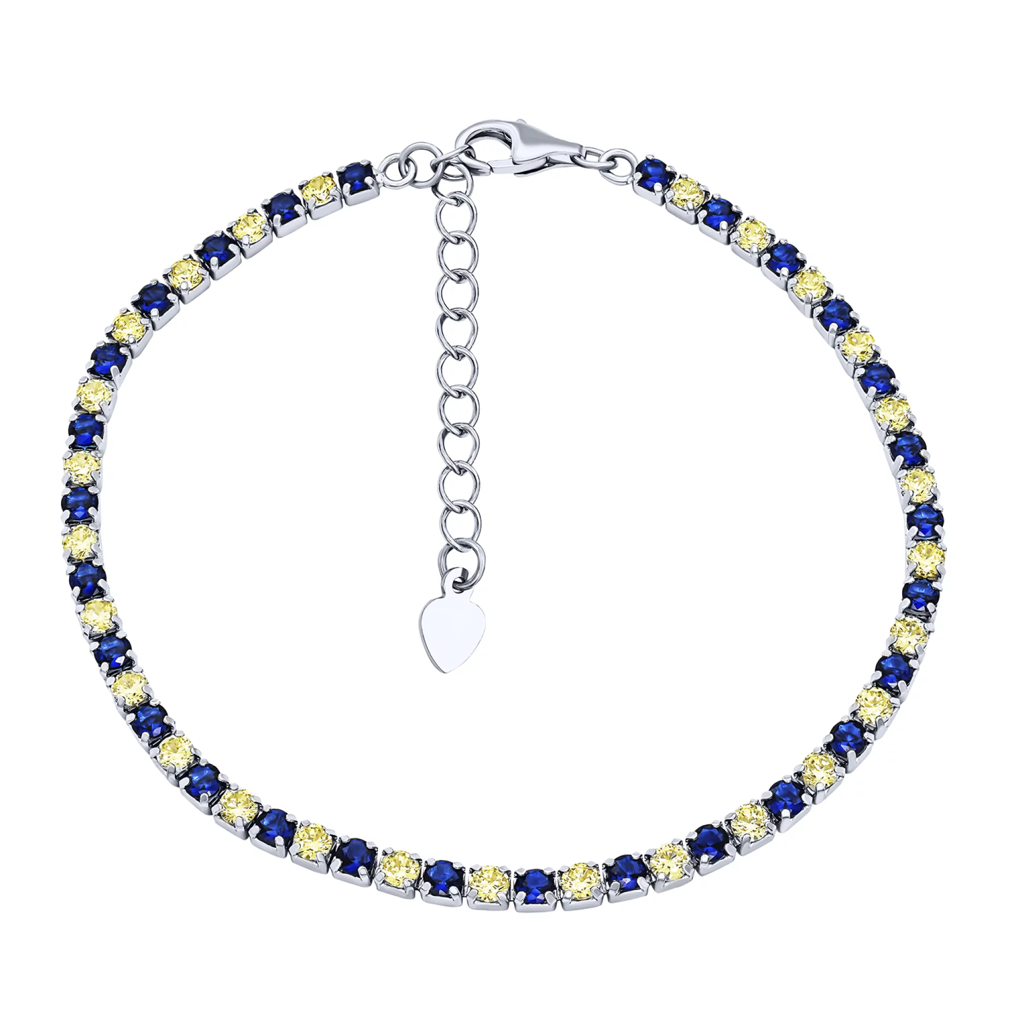 Тенісний срібний браслет із синіми та жовтими фіанітами - 1644543 – зображення 1