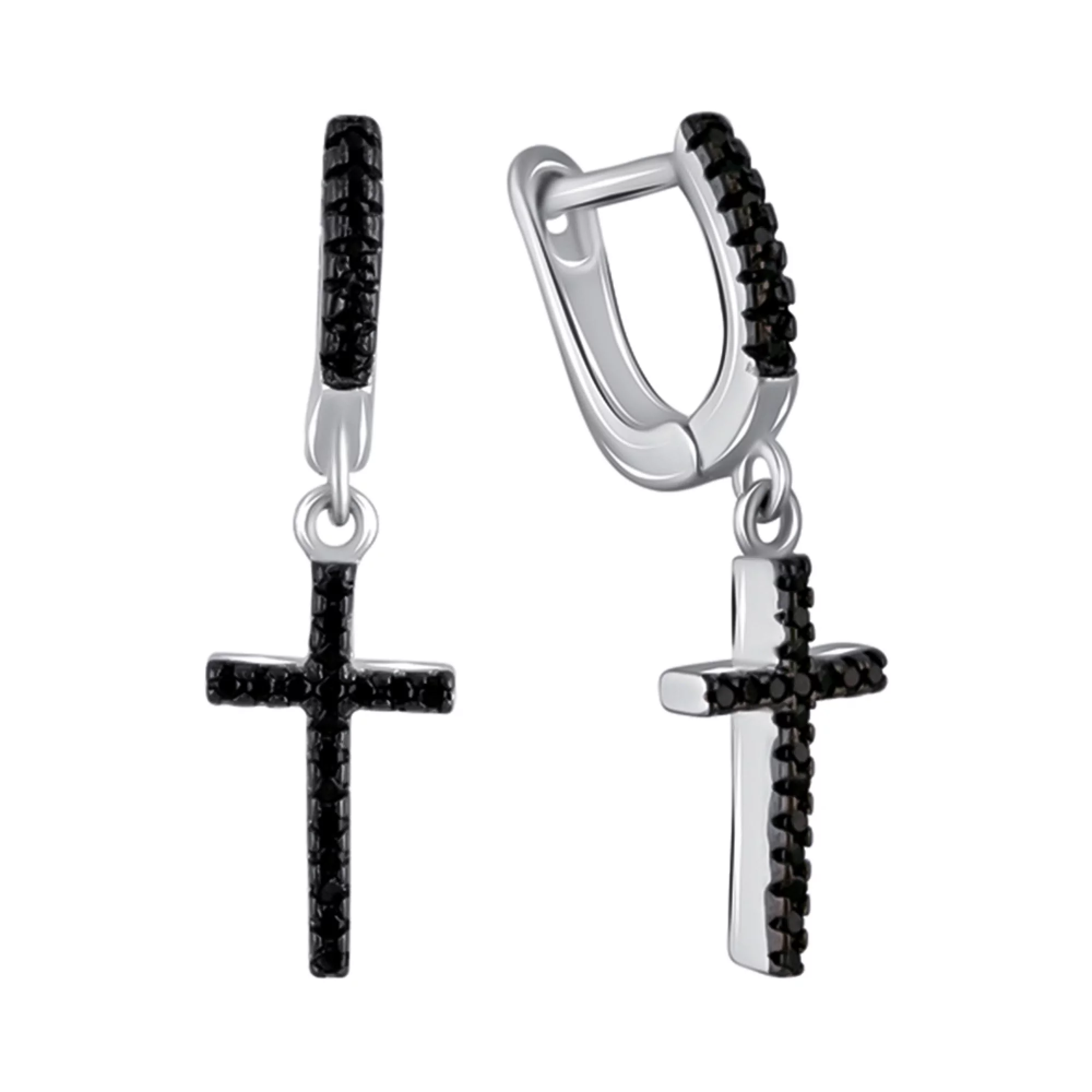 Сережки срібні з підвісними хрестиками і чорними фіанітами - 1483986 – зображення 1