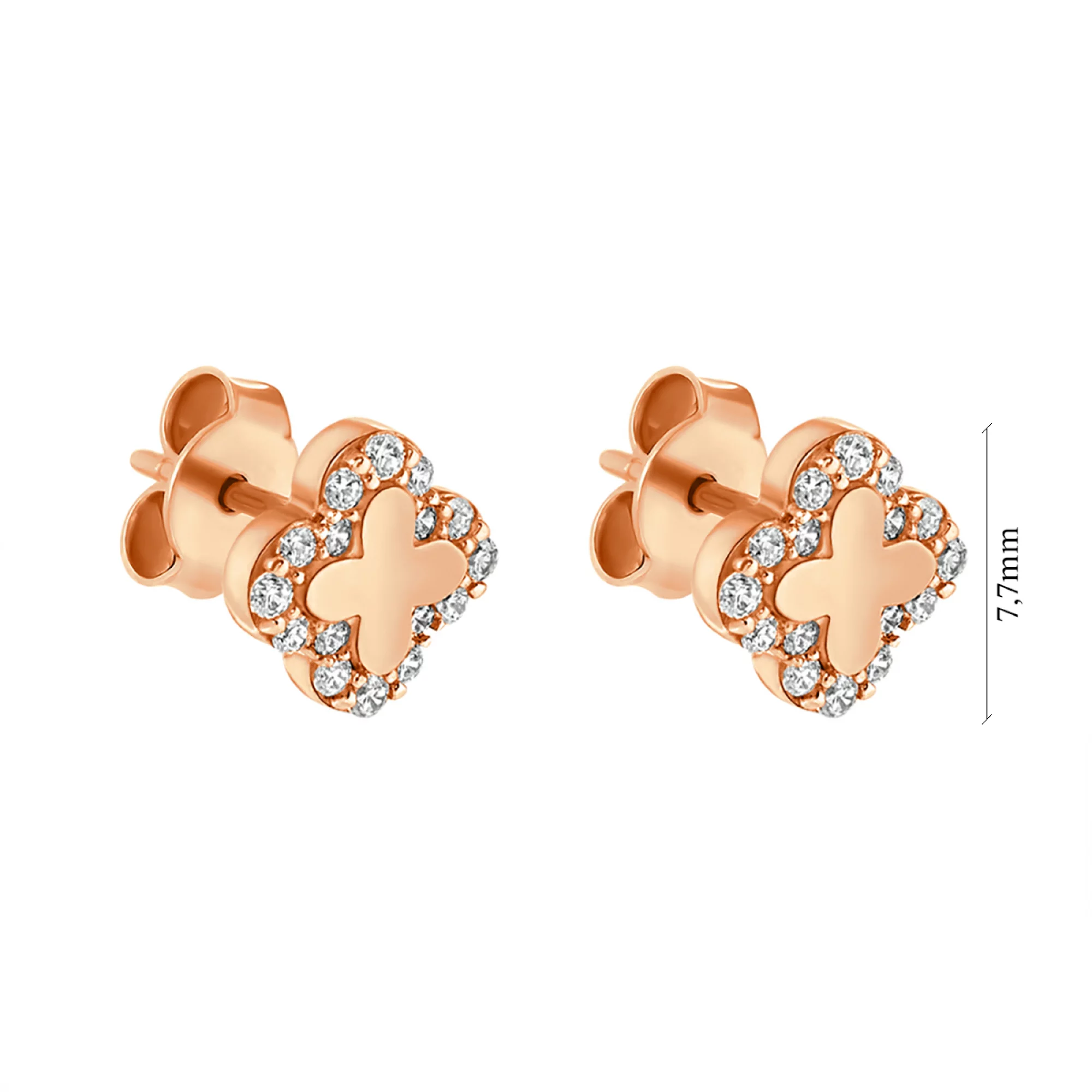 Сережки-гвоздики из красного золота с фианитом Клевер - 1095069 – изображение 2