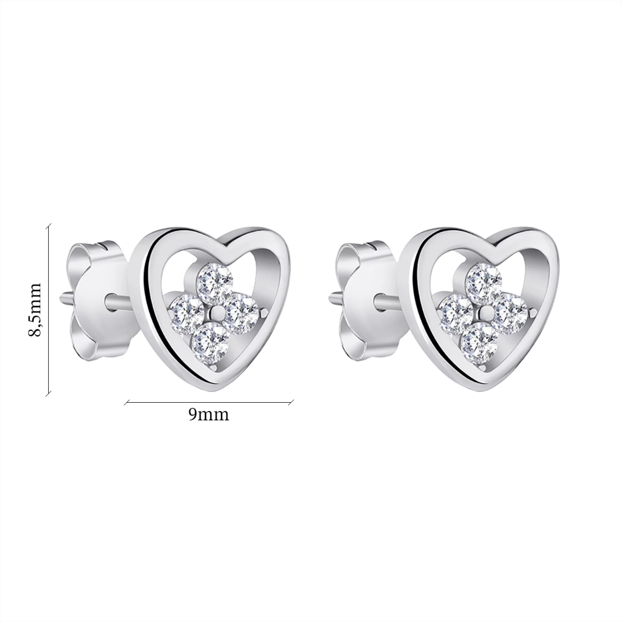 Сережки-гвоздики з срібла з фіанітом "Серце" - 1297365 – зображення 2