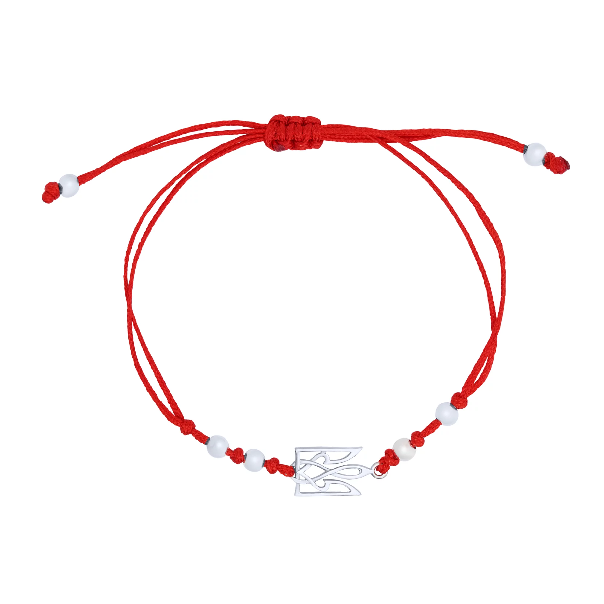 Красный шелковый браслет с серебряной вставкой "Тризуб-Герб Украины" - 1706421 – изображение 1