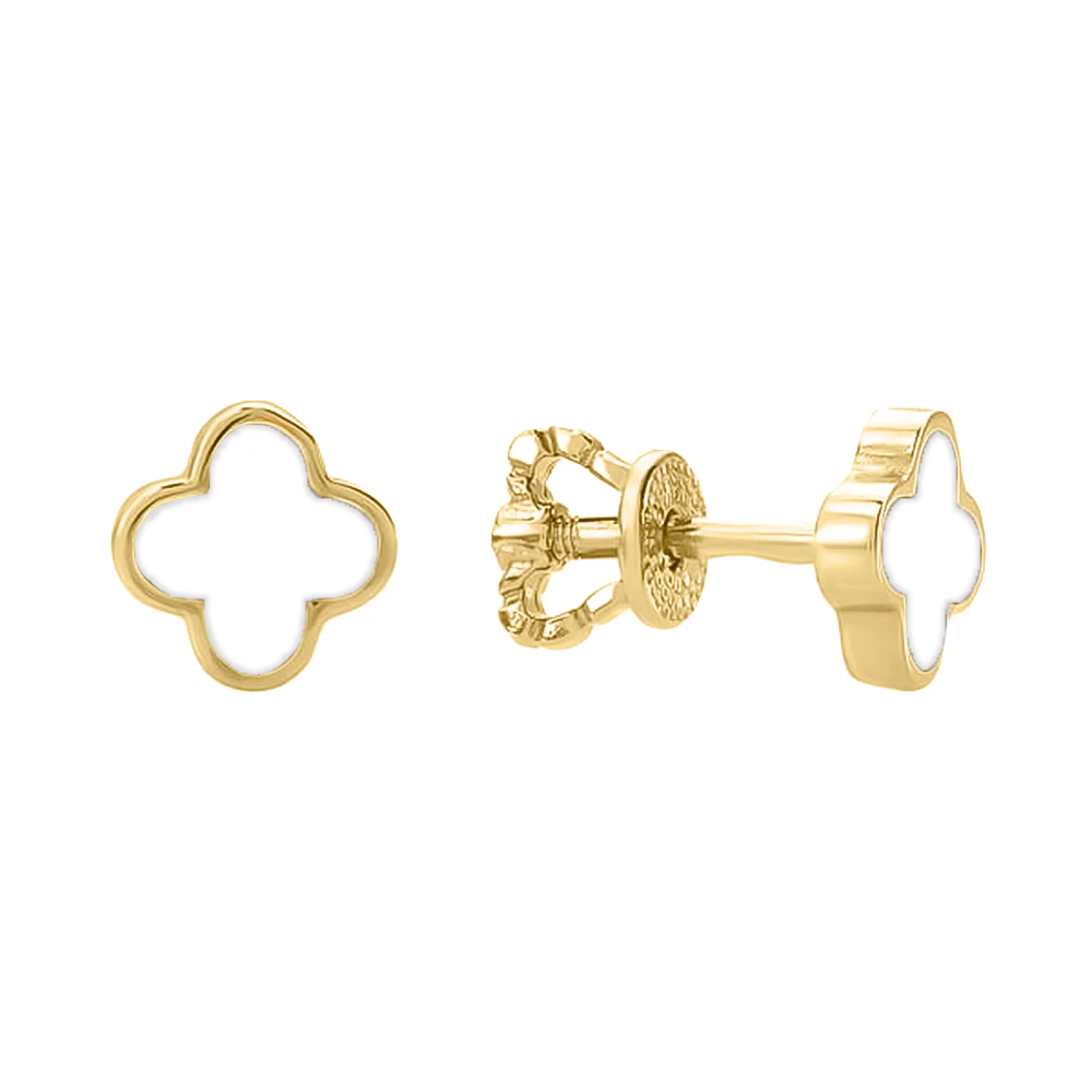 Золотые серьги-гвоздики "Клевер" с эмалью - 1625531 – изображение 1