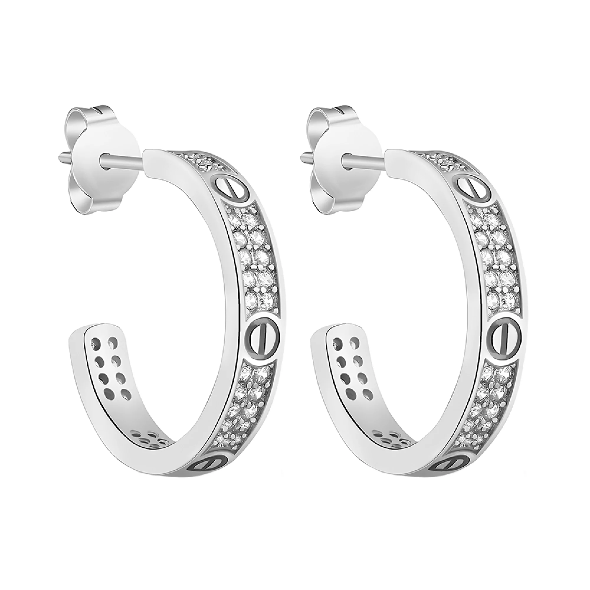 Срібні сережки-гвоздики "Love" з розсипом фіанітів - 1558790 – зображення 1