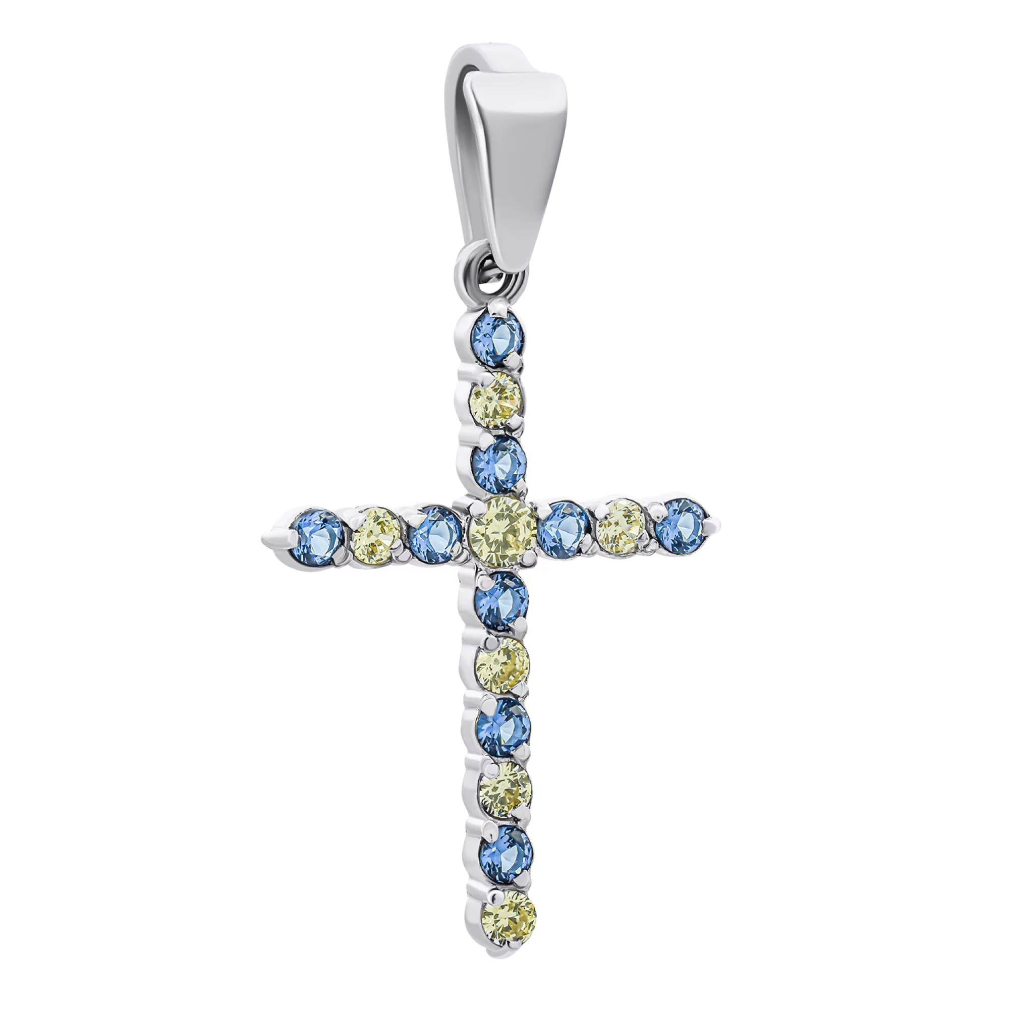 Хрестик зі срібла з синьо-жовтими фіанітами - 1546628 – зображення 1