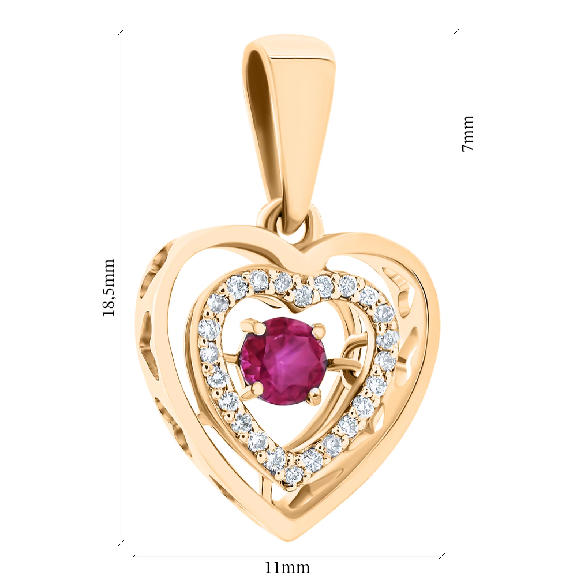Підвіска "Сердечка" в червоному золоті з доріжкою діамантів і рубіном - 1707243 – зображення 2