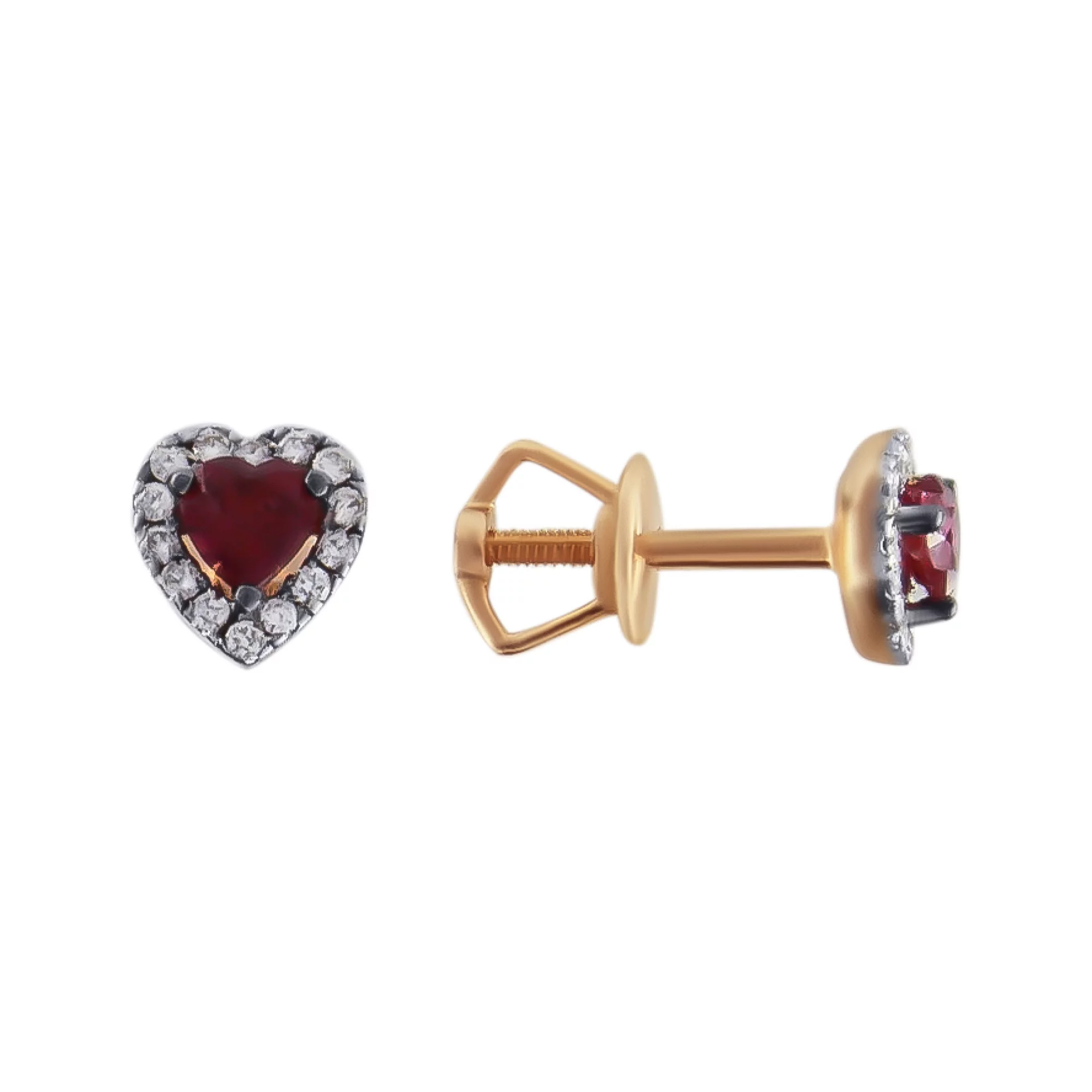 Сережки-гвоздики "Сердце" с бриллиантом и рубином - 959146 – изображение 1