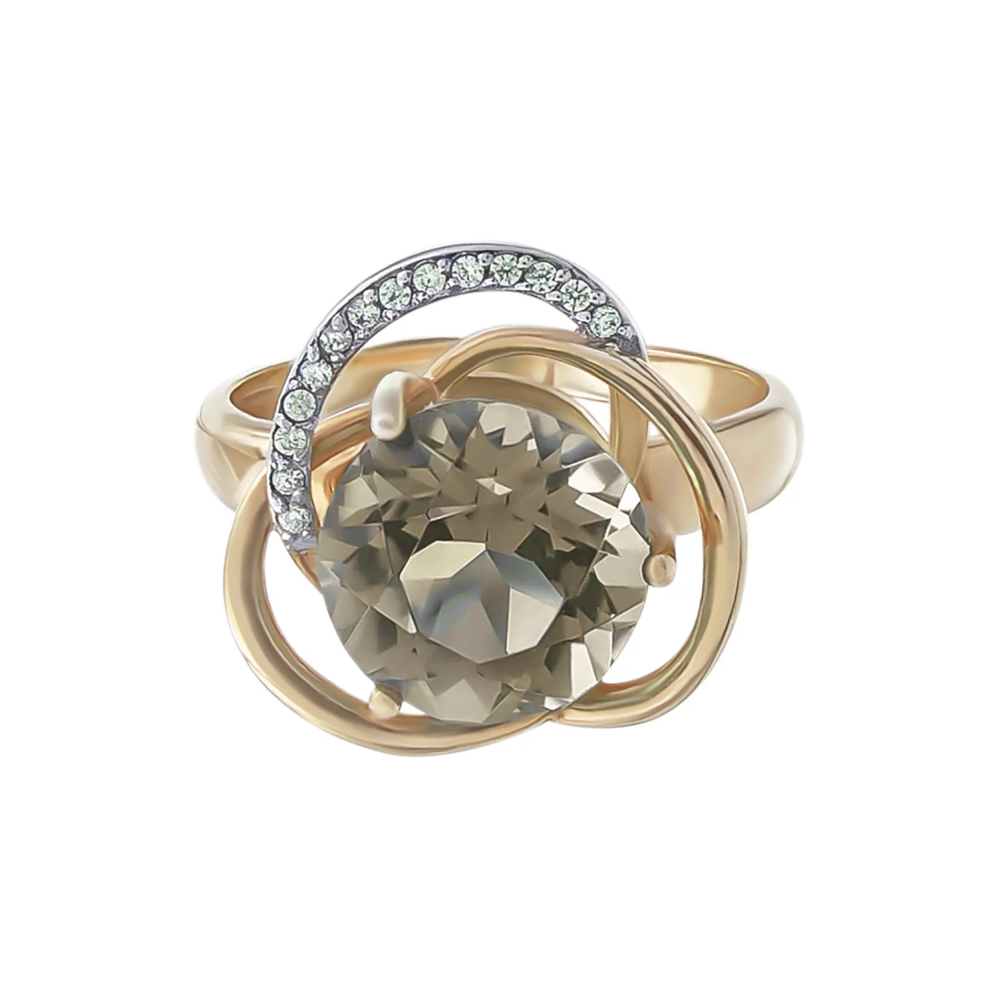 Золотое кольцо с дымчатым кварцем и фианитами - 538347 – изображение 2