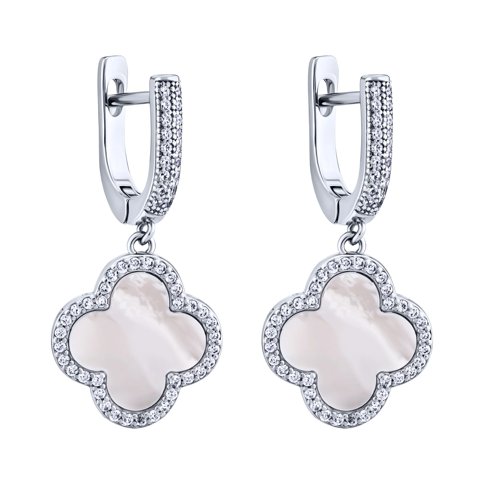 Серебряные серьги "Клевер" с фианитами, перламутром и подвесом - 2095283 - 1