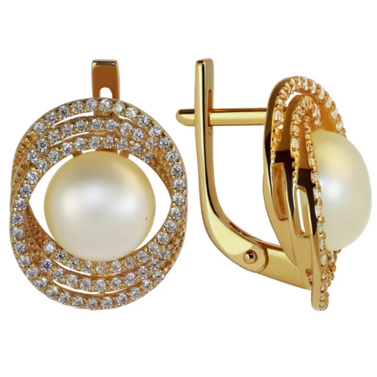 Золоті сережки з перлиною і фіанітом. Артикул СВ1159и: ціна, відгуки, фото – купити в інтернет-магазині AURUM