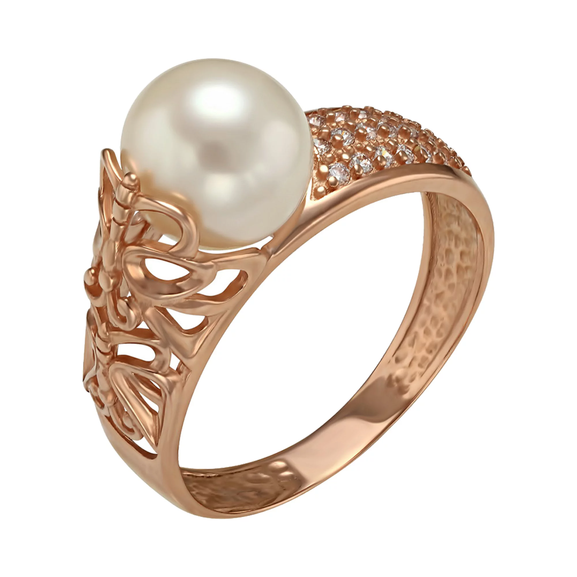 Золотое кольцо с жемчугом и фианитом - 1435135 – изображение 1