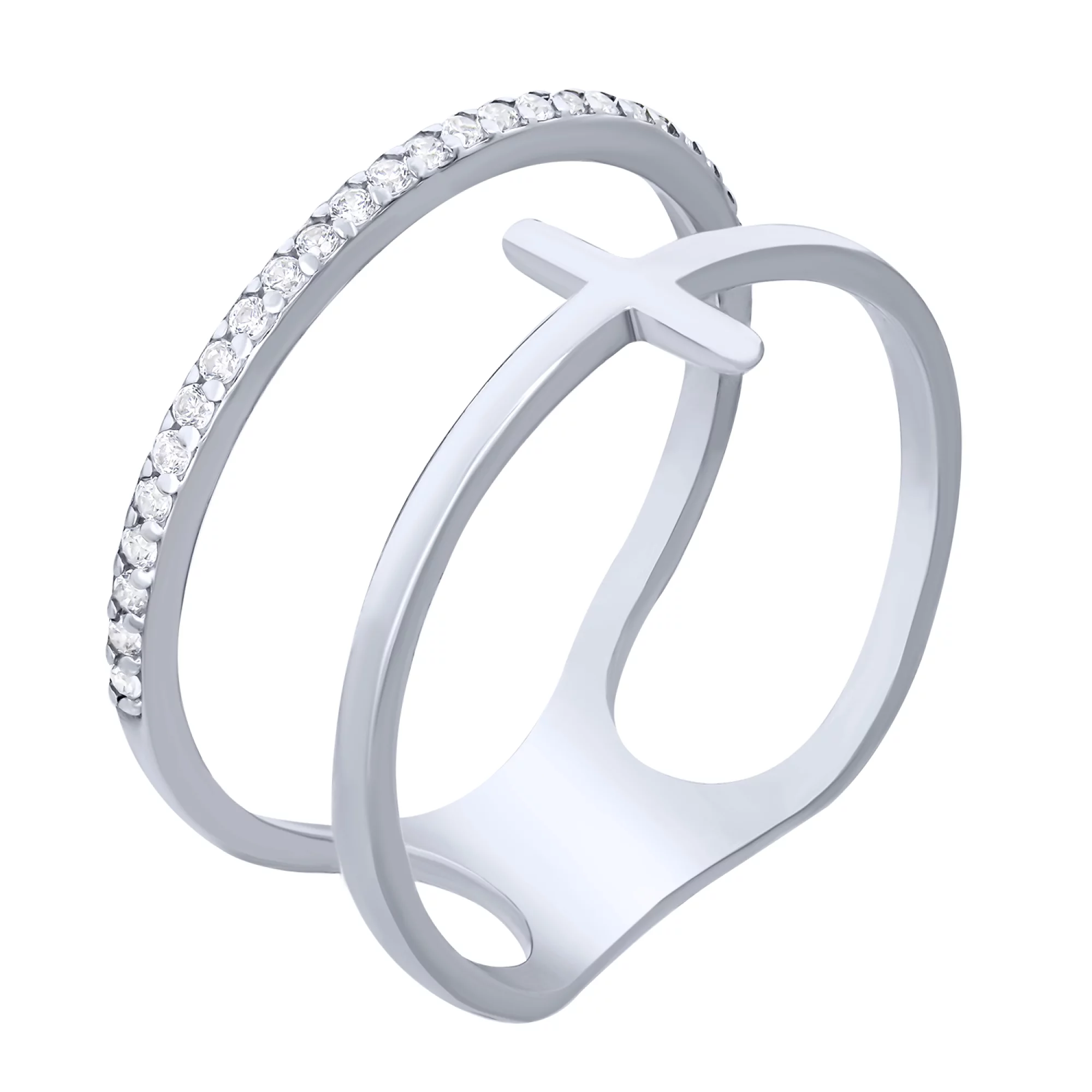 Двойное серебряное кольцо с дорожкой фианитов - 1679371 – изображение 1