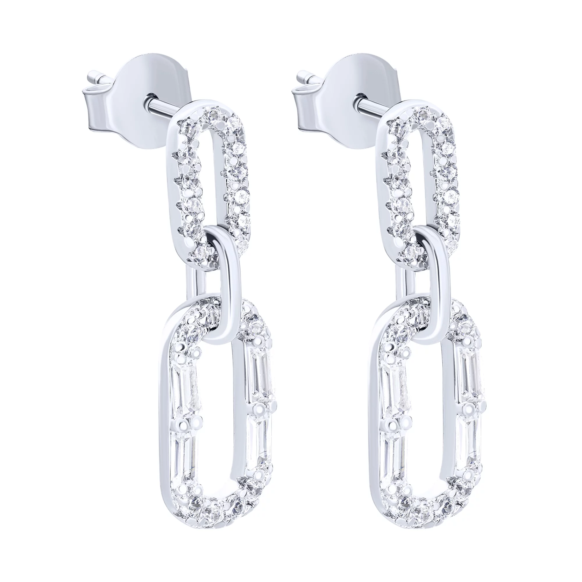Сережки-гвоздики срібні з підвісками "Ланки" та фіанітами - 1572558 – зображення 1