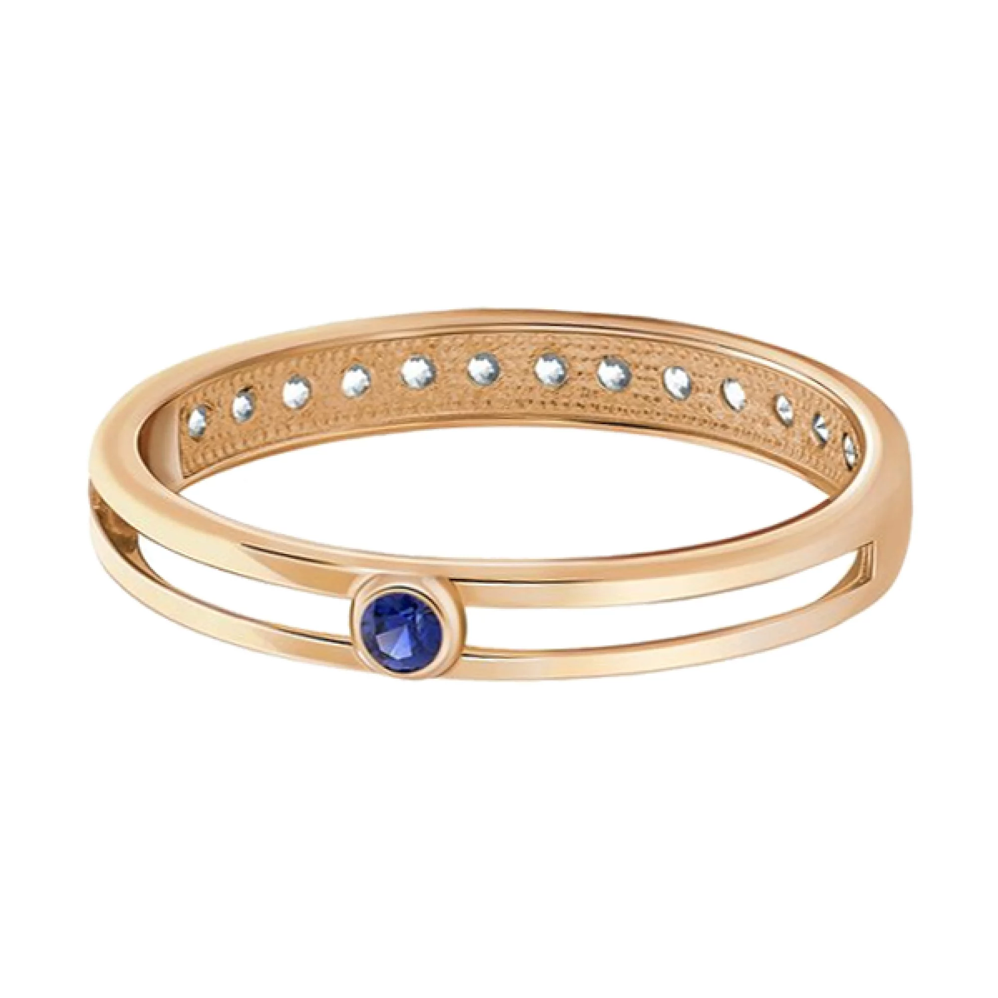 Золотое кольцо двухстороннее с сапфиром и фианитом - 482862 – изображение 2