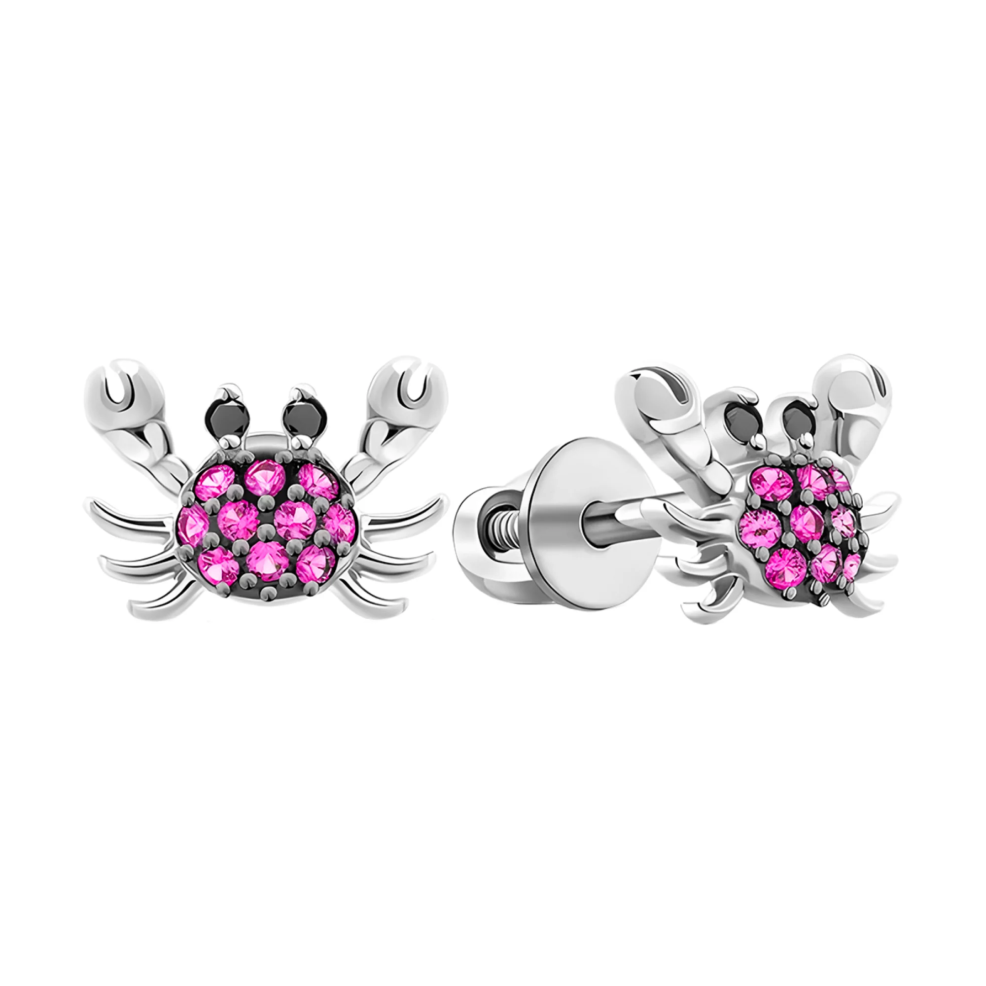 Серебряные серьги-гвоздики "Краб" с фианитами - 407855 - 1