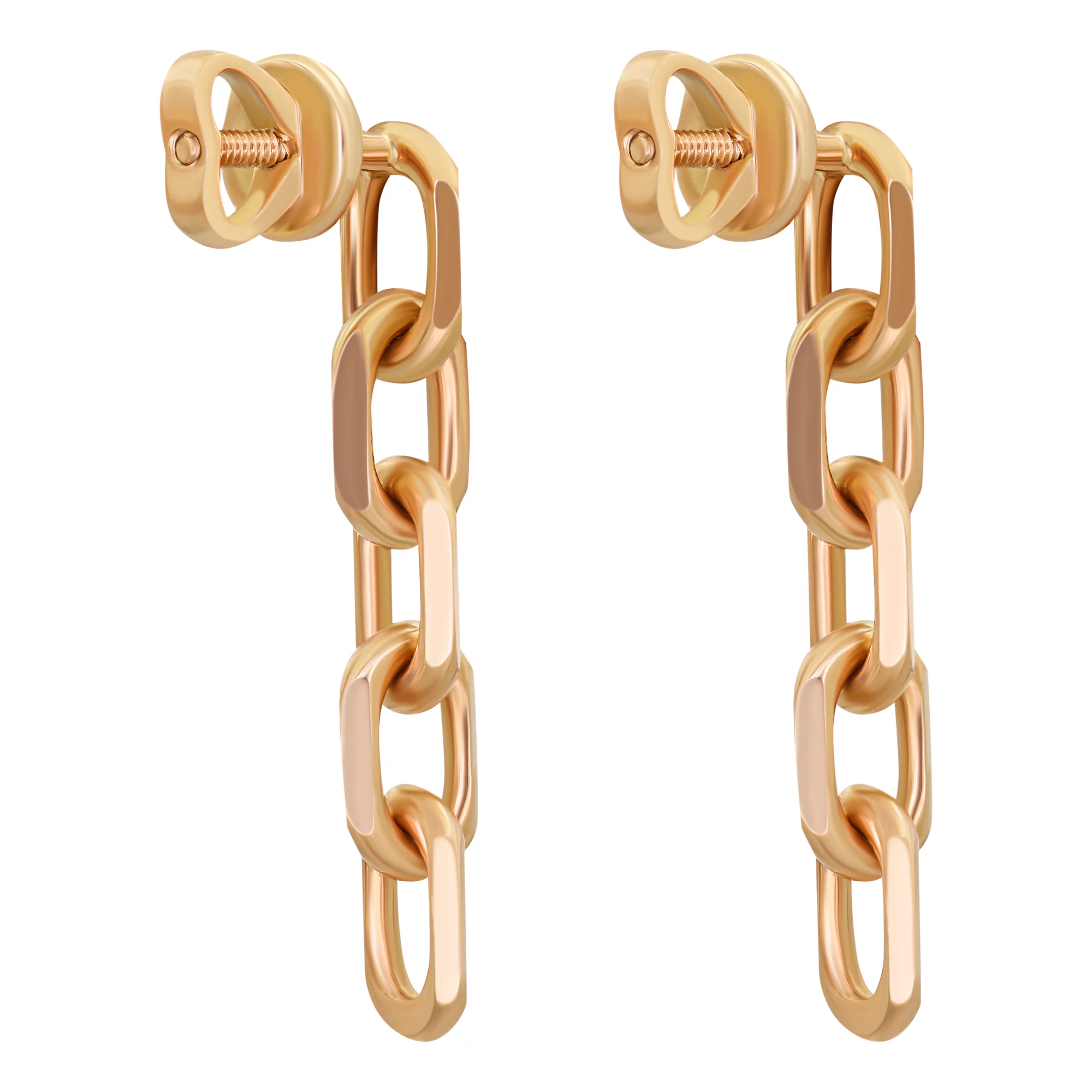 Сережки-гвоздики из красного золота с подвесными цепочками - 887702 – изображение 2