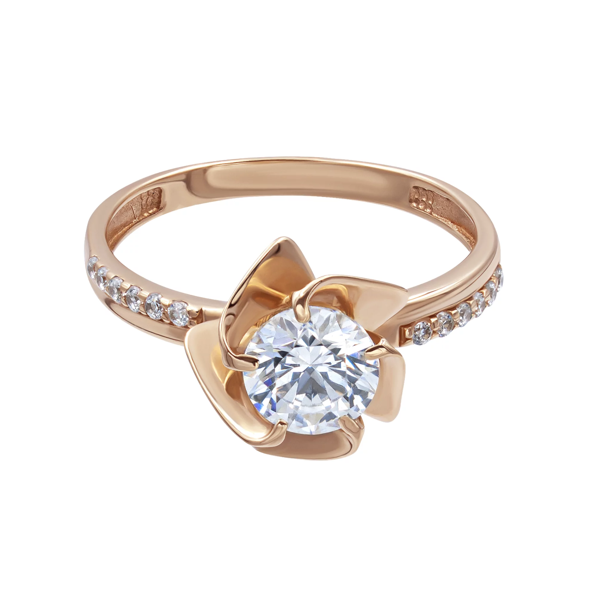 Золотое кольцо с фианитом "Цветок" - 569415 – изображение 2