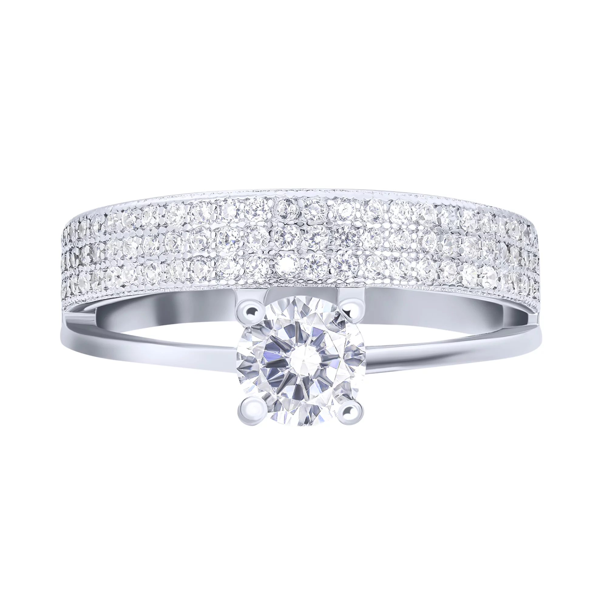 Серебряное двойное кольцо с россыпью фианитов - 1611421 – изображение 2