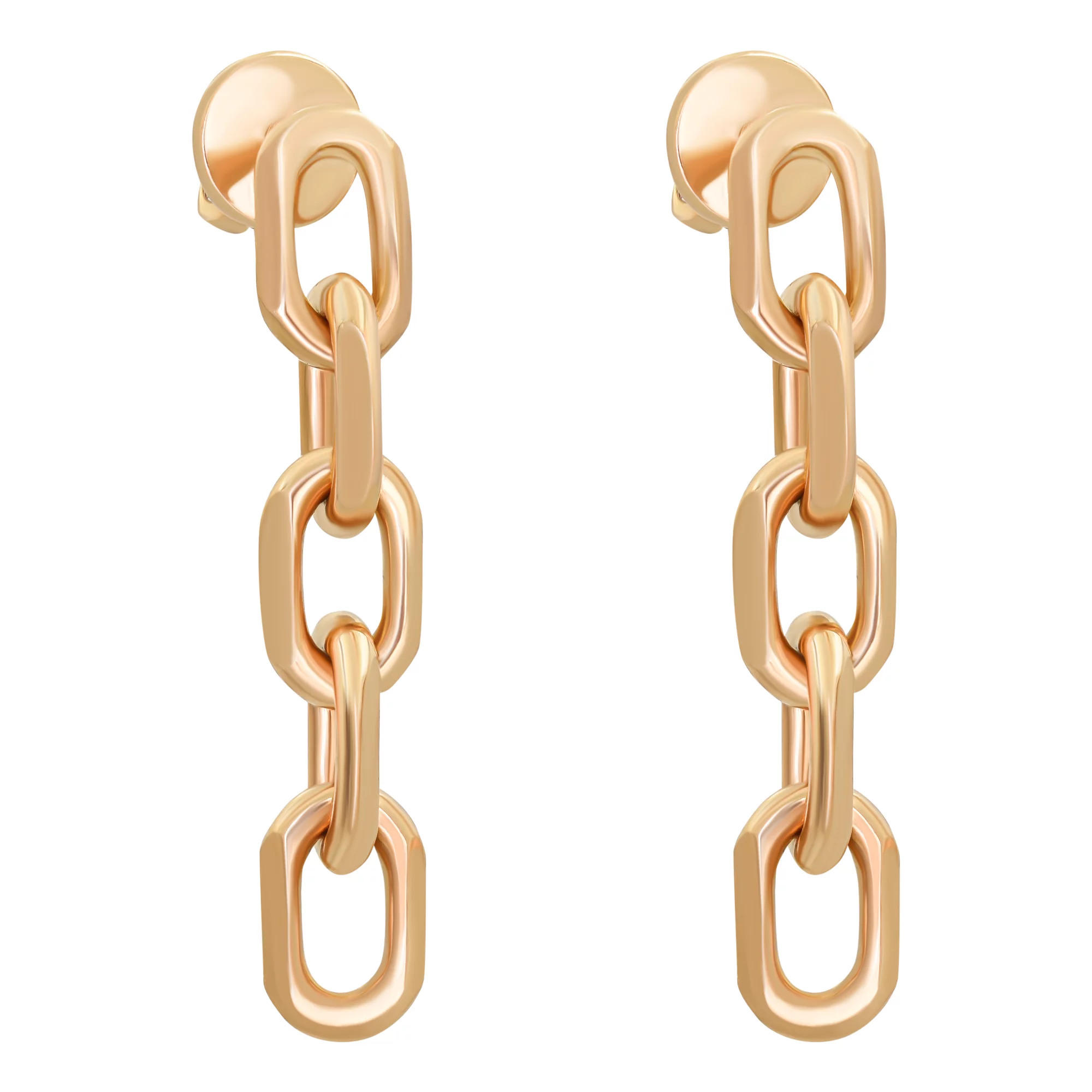 Сережки-гвоздики из красного золота с подвесными цепочками - 887702 – изображение 1