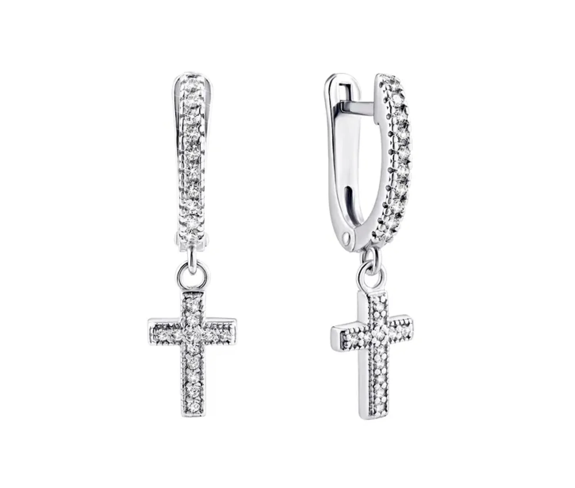 Серебряные серьги с подвесами "Крестики" с фианитами - 411505 - 1