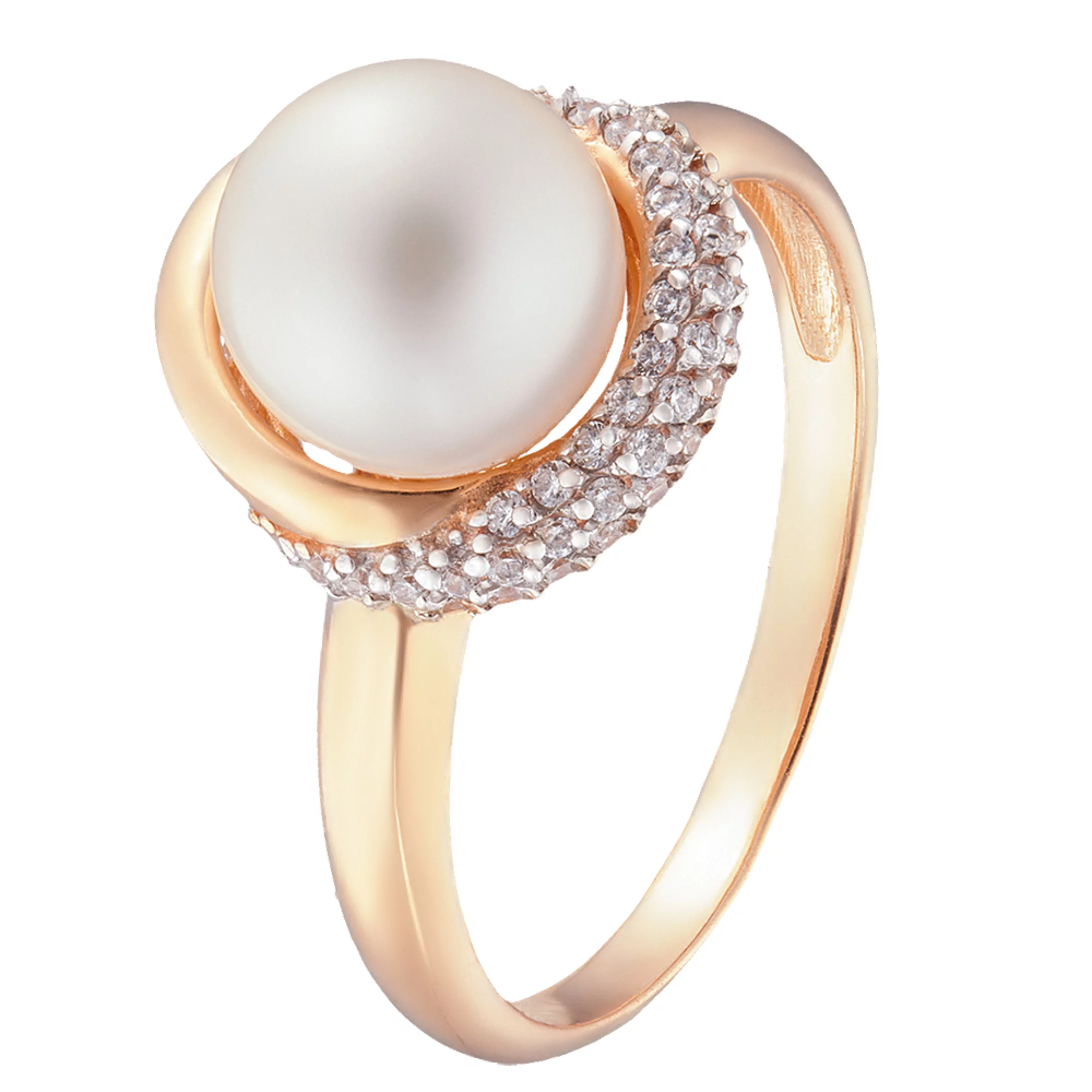 Золотое кольцо с жемчугом и фианитом - 538644 – изображение 2