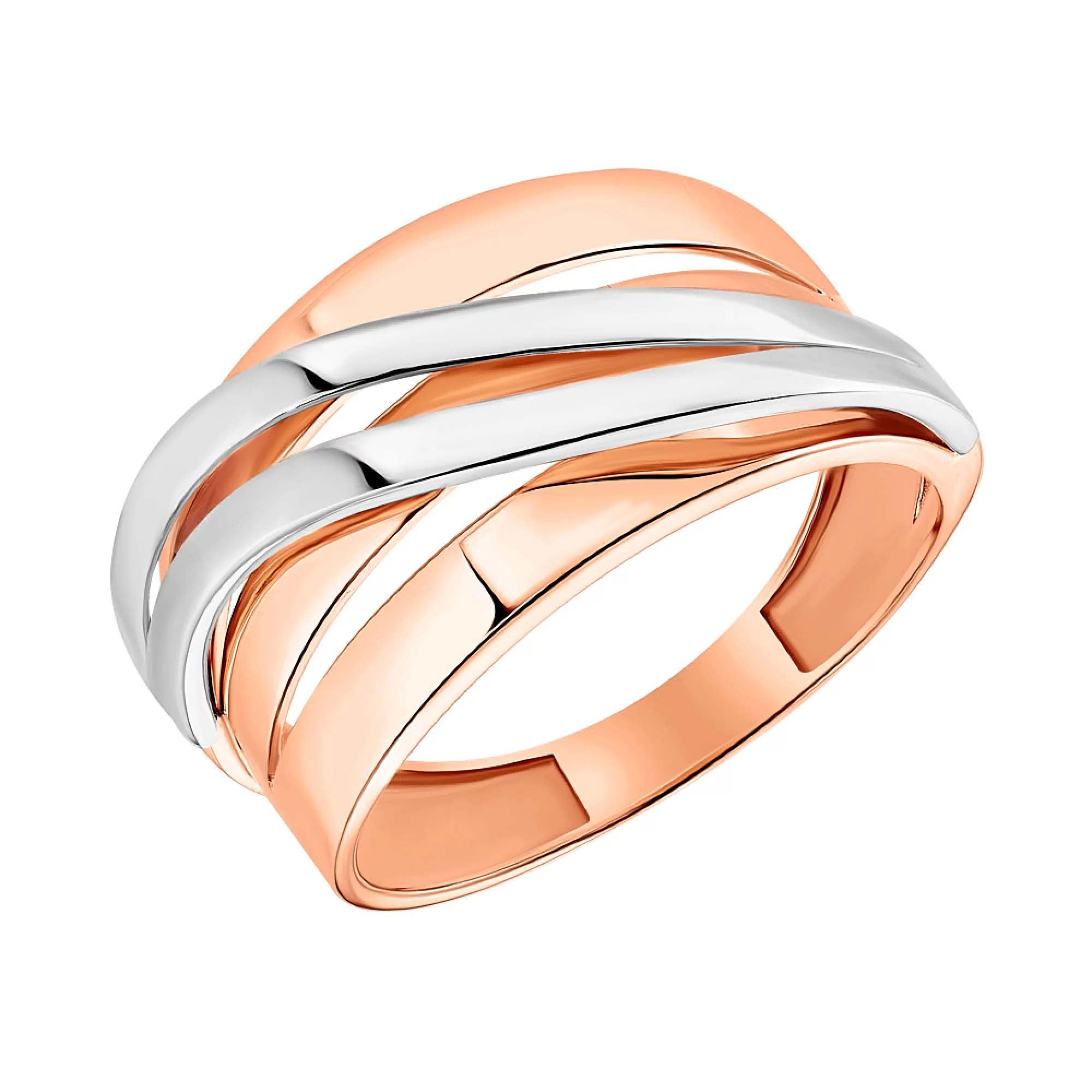 Широкое кольцо из комбинированого золота "Линии" - 1451238 – изображение 1