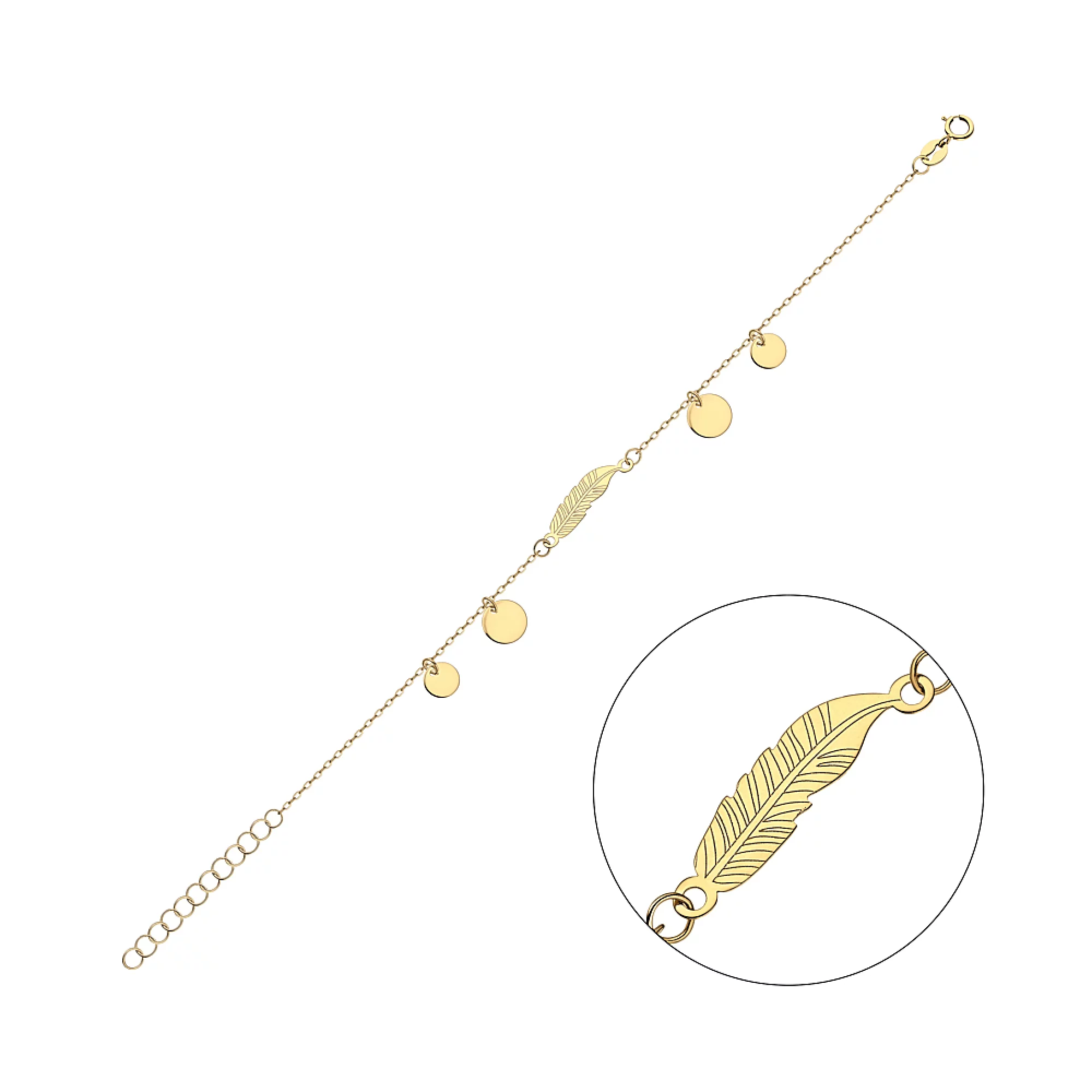 Браслет из лимонного золота с подвесами "Перо" плетение якорь - 1260185 – изображение 2