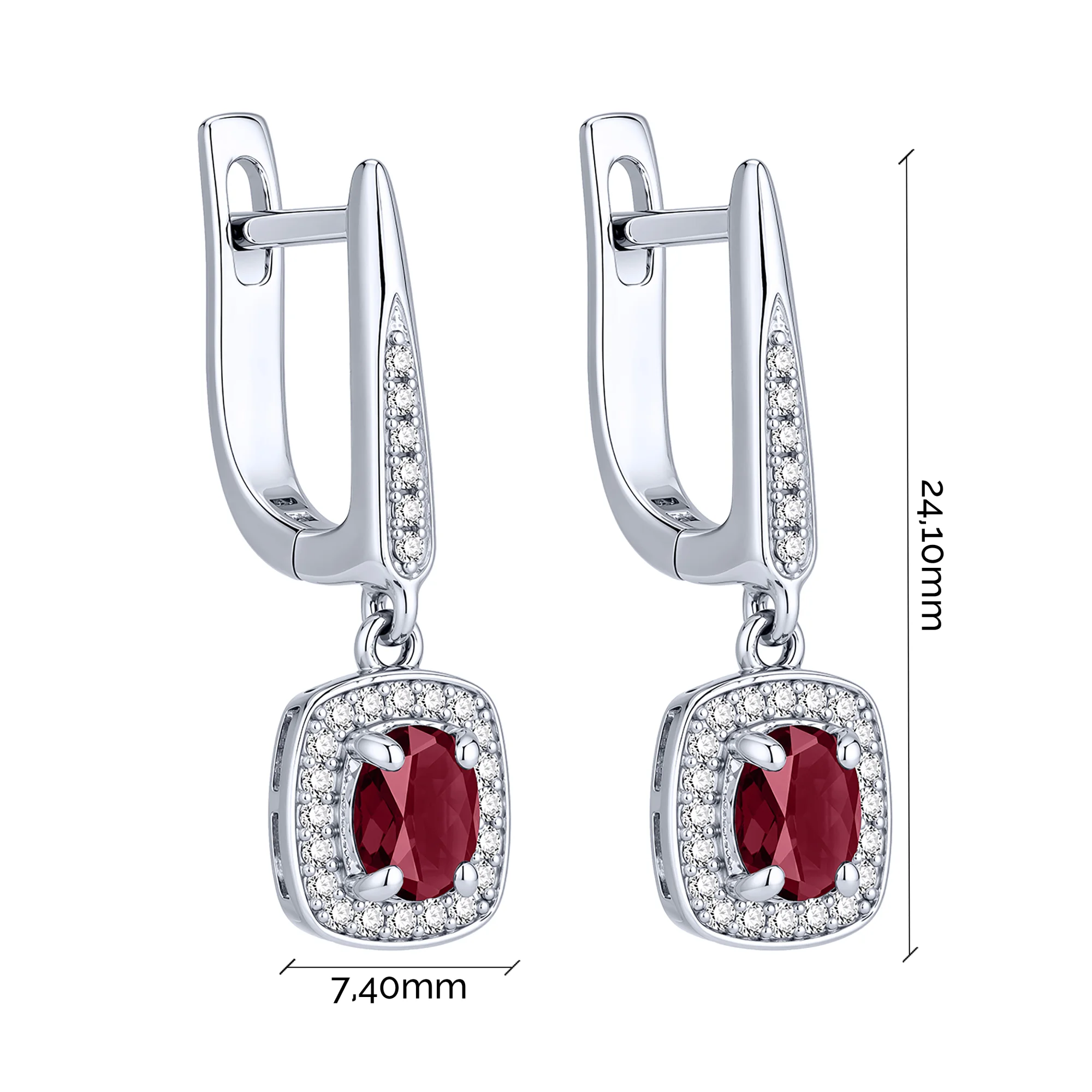 Серебряные серьги с подвесом "Квадрат" с рубином и фианитами - 2297793 - 2