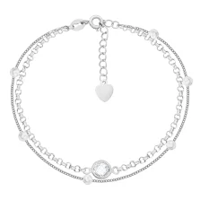 Браслет подвійний зі срібла з фіанітом плетіння шопард і панцир - 1565297