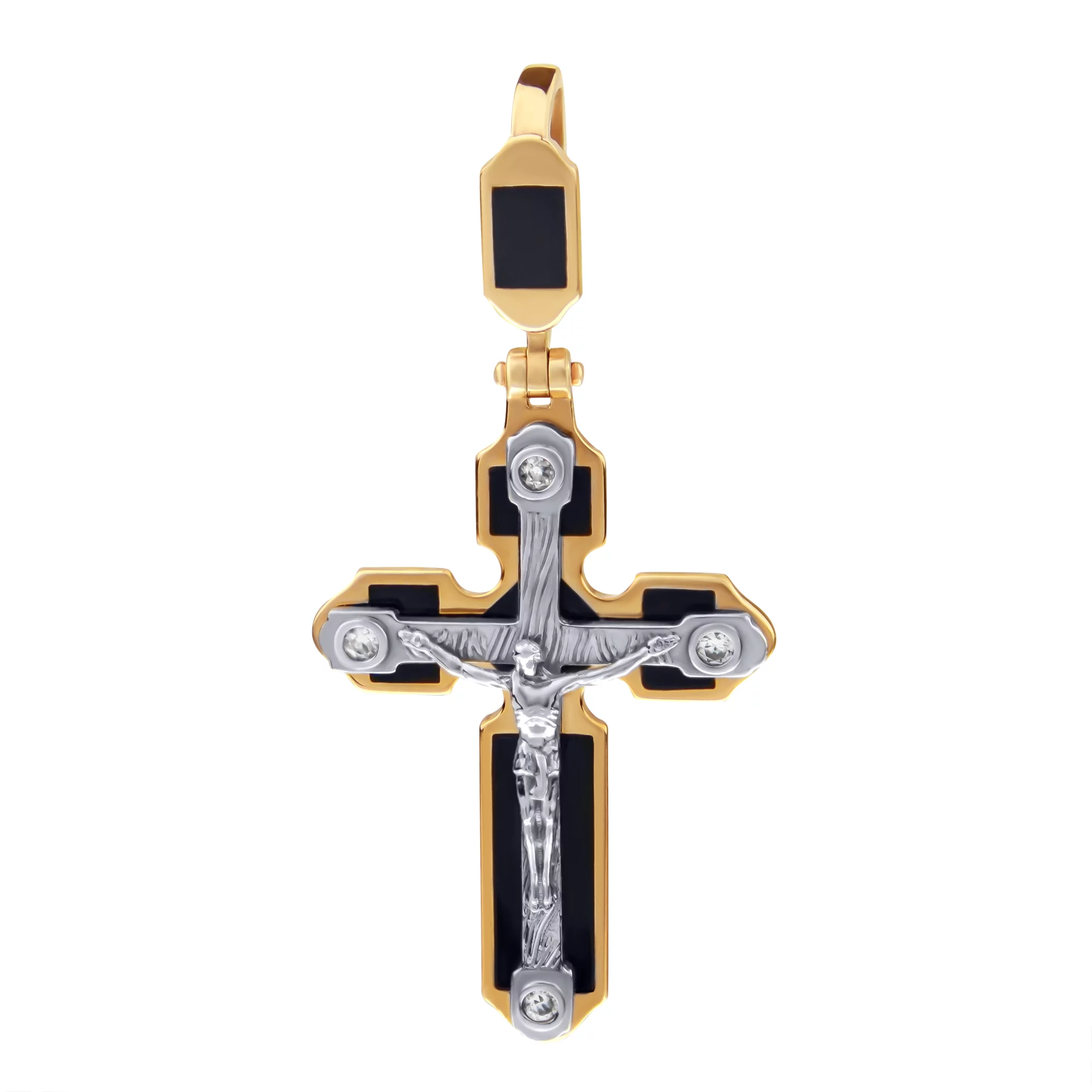 Крестик из комбинированного золота с эмалью и цирконием - 392556 – изображение 1